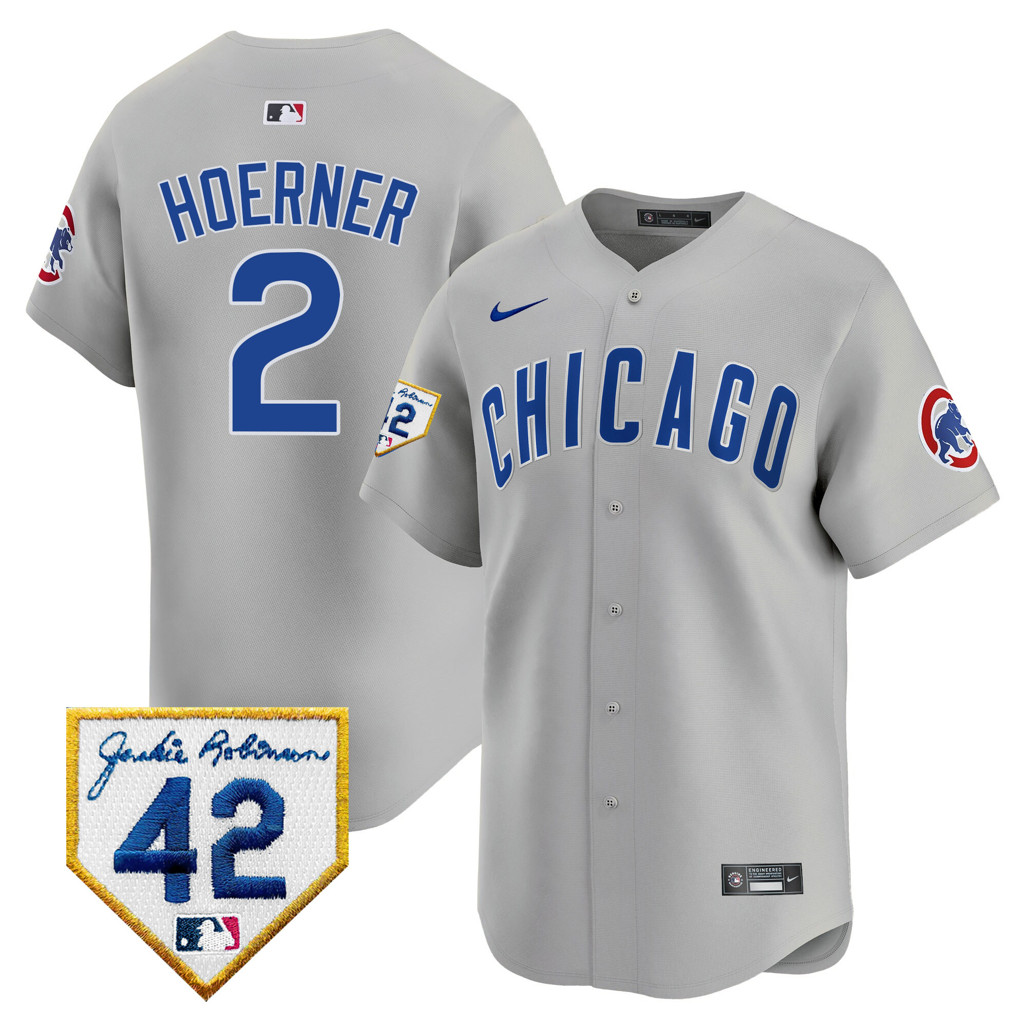 Nico Hoerner Men's Chicago Cubs 2024 Jackie Robinson Patch Vapor Premier Limited V2 Gray Road Jersey - All Stitched