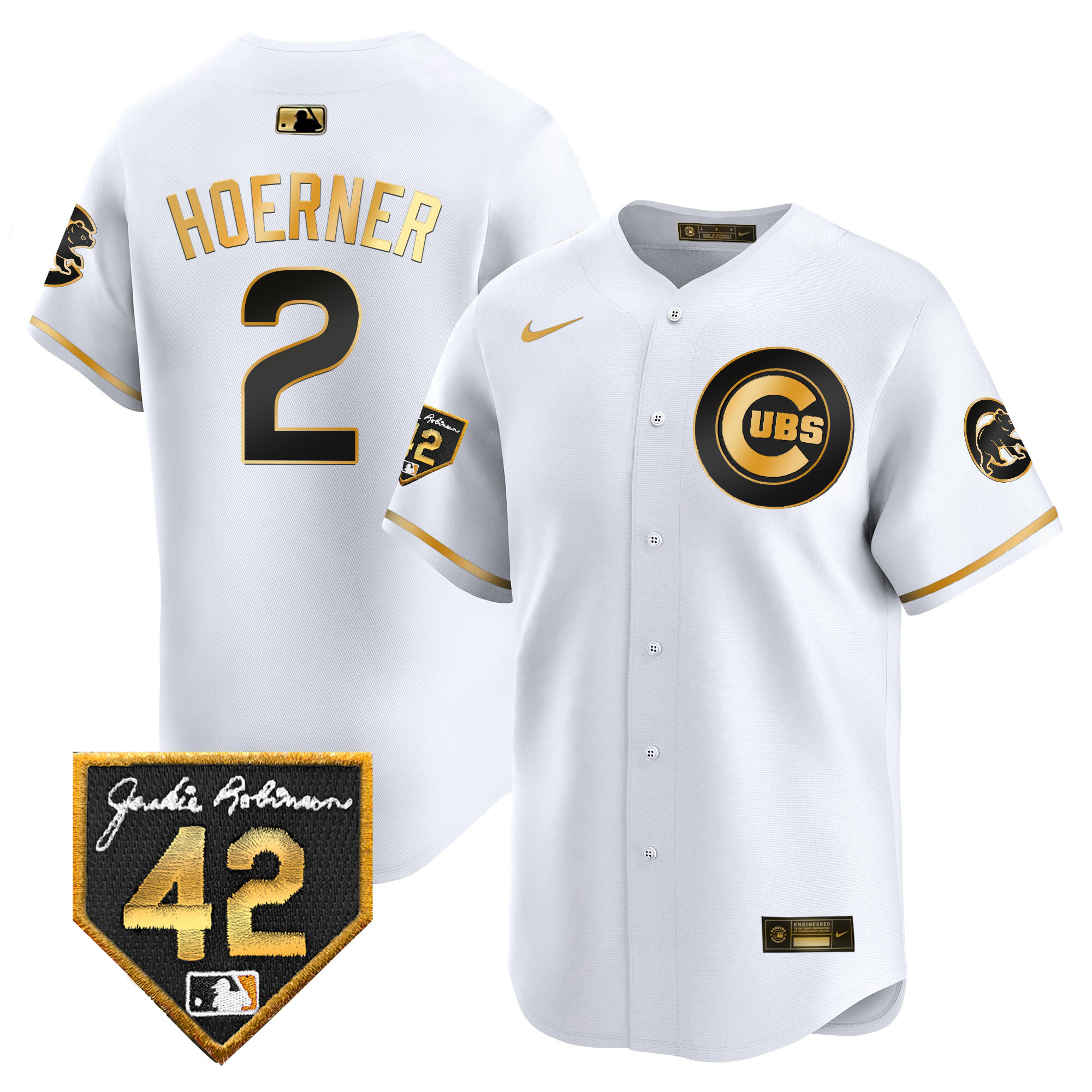 Nico Hoerner Men's Chicago Cubs 2024 Jackie Robinson Patch Vapor Premier Limited V2 White Gold Jersey - All Stitched
