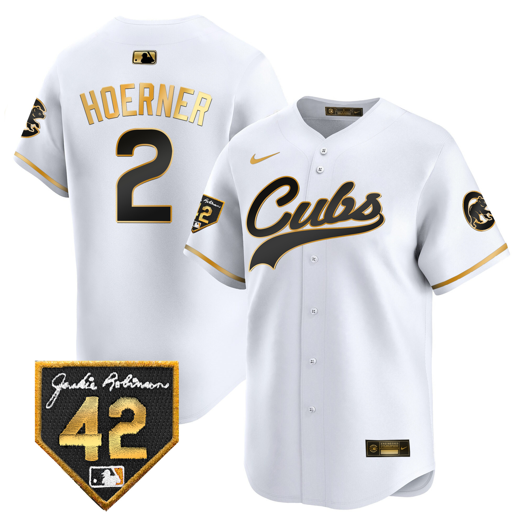 Nico Hoerner Men's Chicago Cubs 2024 Jackie Robinson Patch Vapor Premier Limited White Gold Jersey - All Stitched