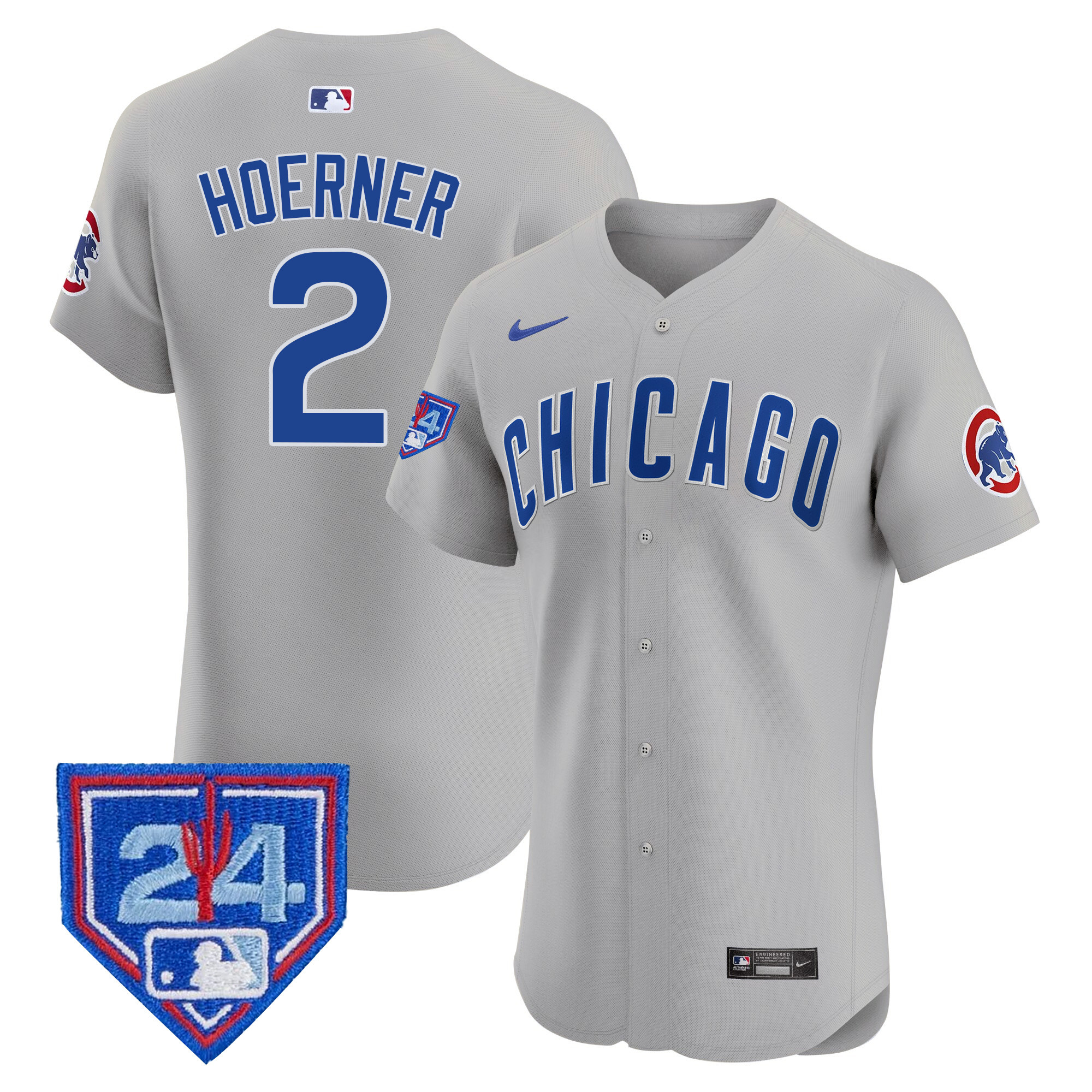 Nico Hoerner Men's Chicago Cubs 2024 Spring Training Patch Vapor Premier Elite V2 Gray Road Jersey - All Stitched