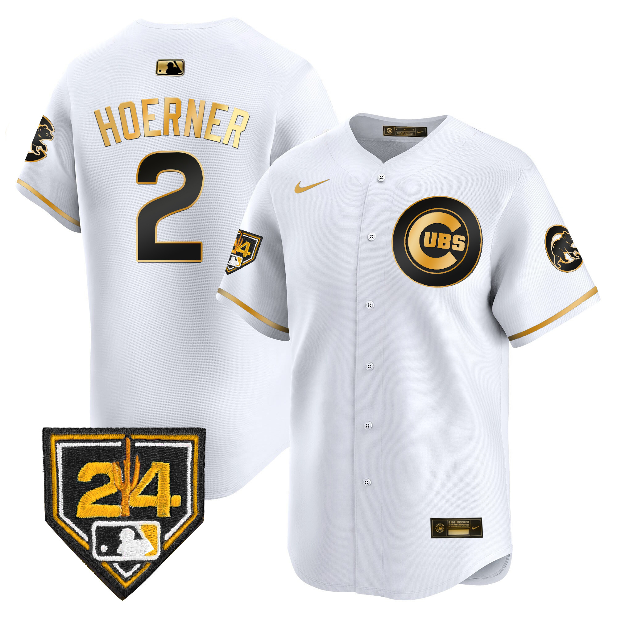 Nico Hoerner Men's Chicago Cubs 2024 Spring Training Patch Vapor Premier Limited V2 White Gold Jersey - All Stitched