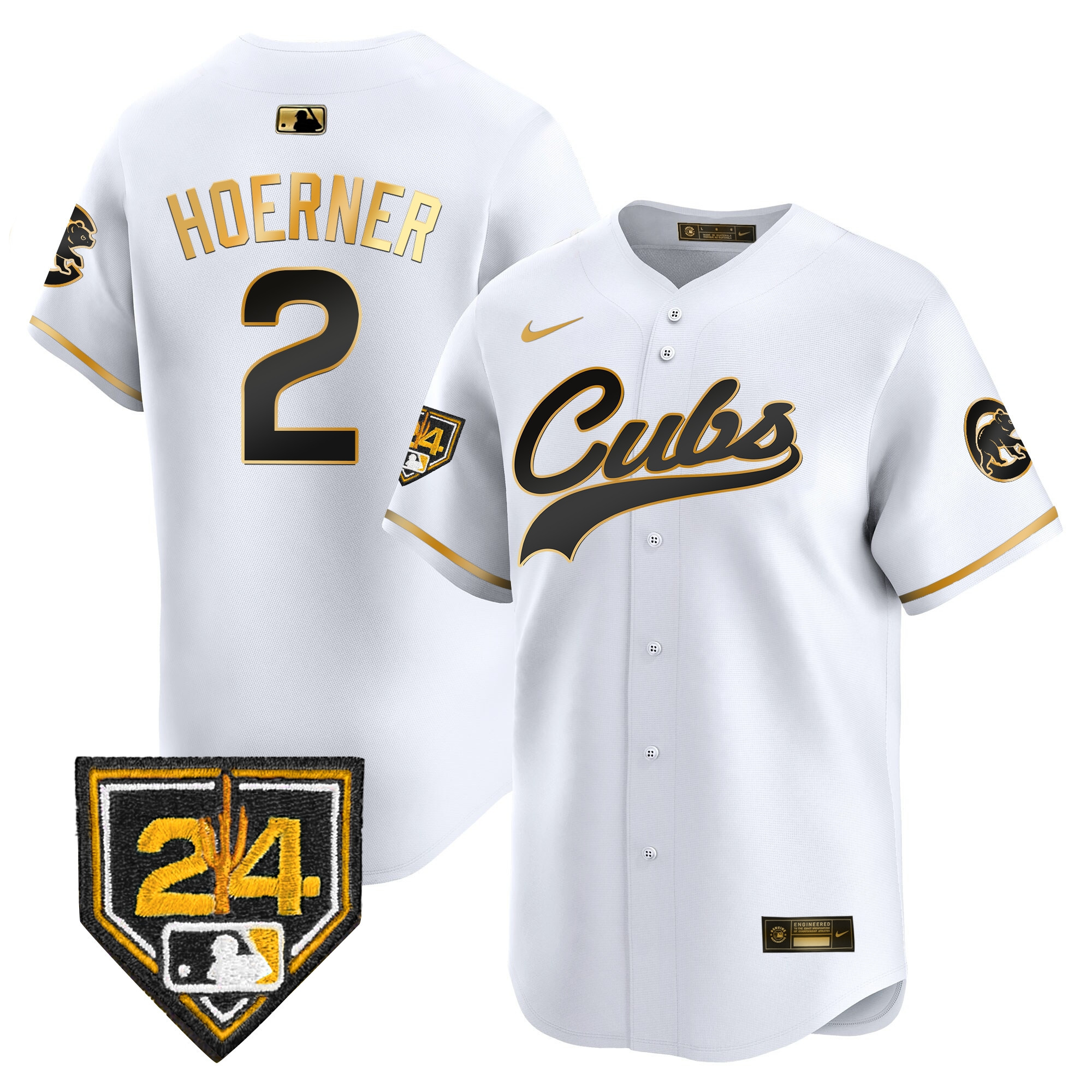 Nico Hoerner Men's Chicago Cubs 2024 Spring Training Patch Vapor Premier Limited White Gold Jersey - All Stitched