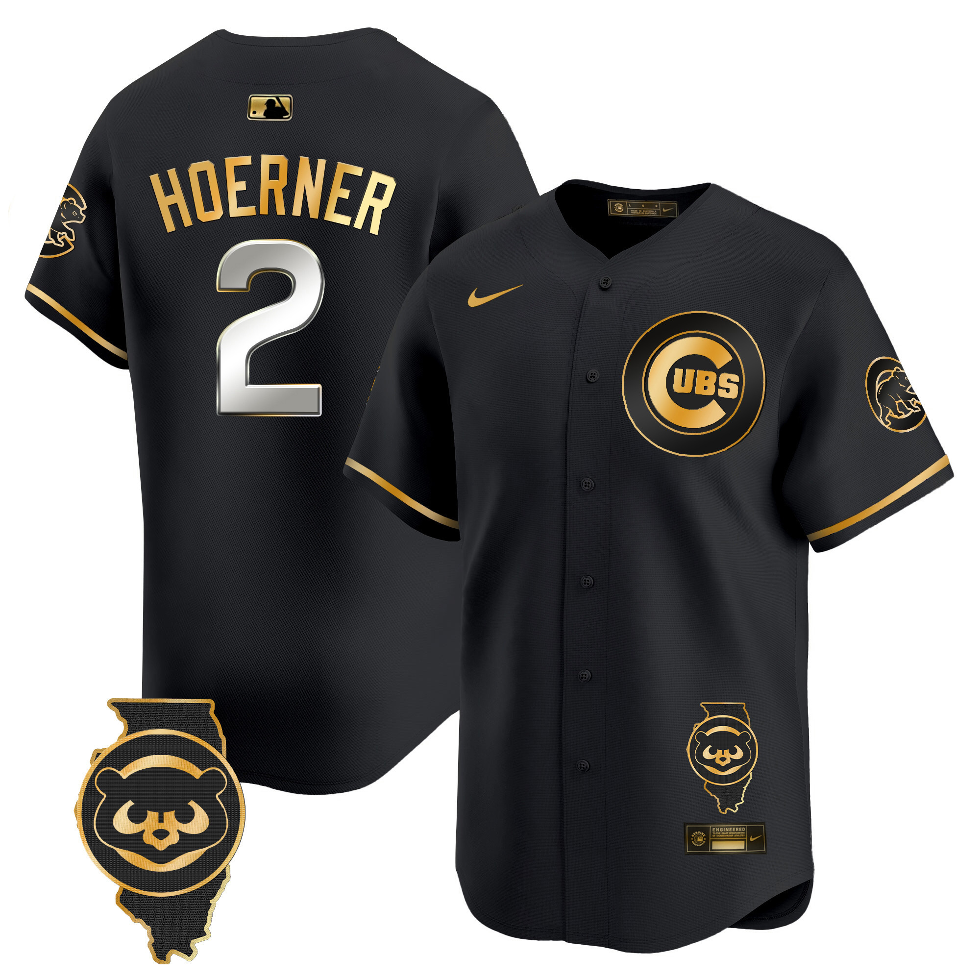 Nico Hoerner Men's Chicago Cubs Illinois Patch Vapor Premier Limited V2 Black Gold Jersey - All Stitched