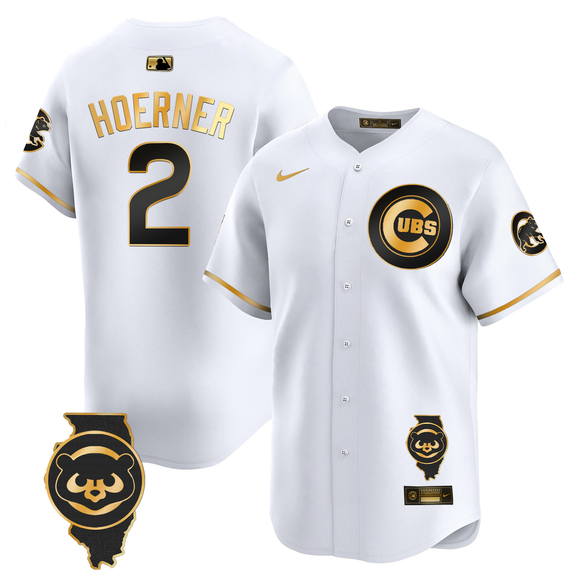Nico Hoerner Men's Chicago Cubs Illinois Patch Vapor Premier Limited V2 White Gold Jersey - All Stitched