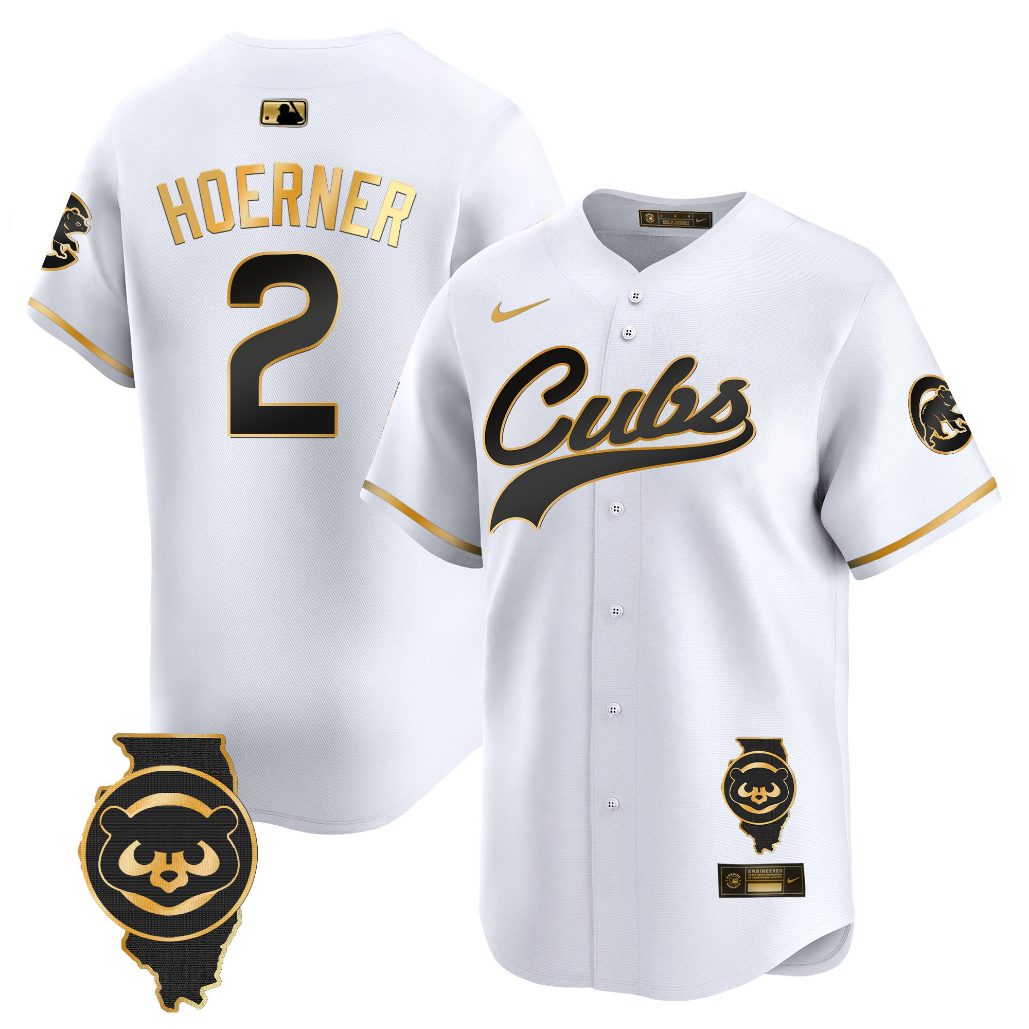 Nico Hoerner Men's Chicago Cubs Illinois Patch Vapor Premier Limited White Gold Jersey - All Stitched