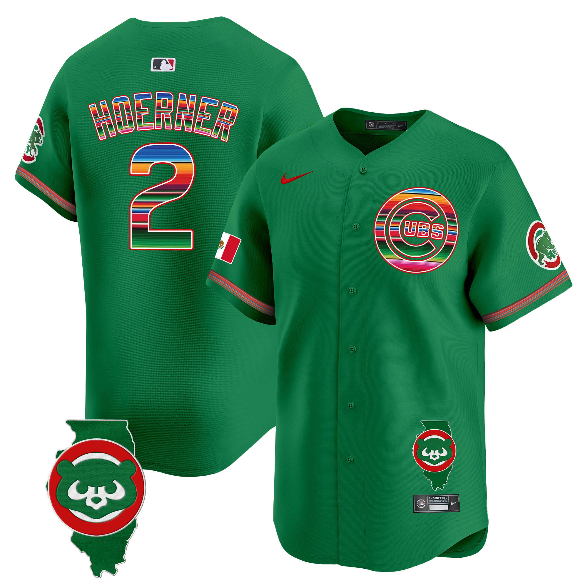 Nico Hoerner Men's Chicago Cubs Mexico Illinois Patch Vapor Premier Limited Green Jersey - All Stitched