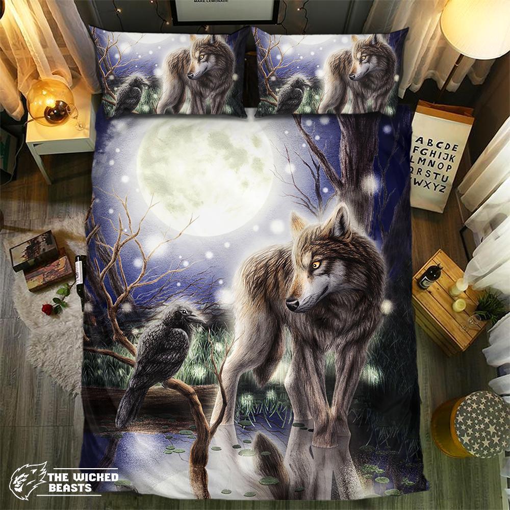 Night Glowing Wolf And Raven 3D Customized Duvet Cover Bedding Set