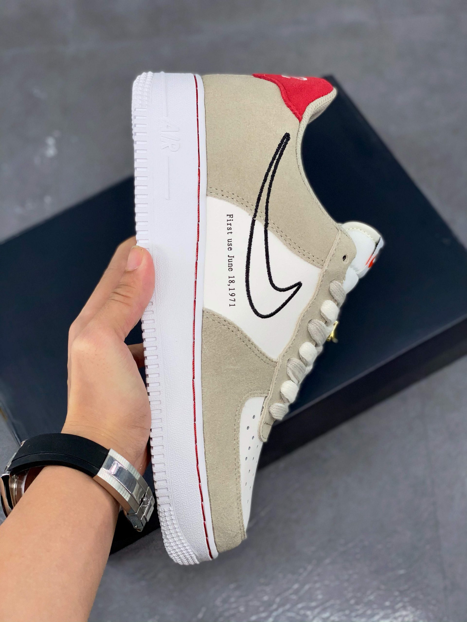Nike Air Force 1 Low “First Use” Light Stone/Black-Sail-University Red For Sale