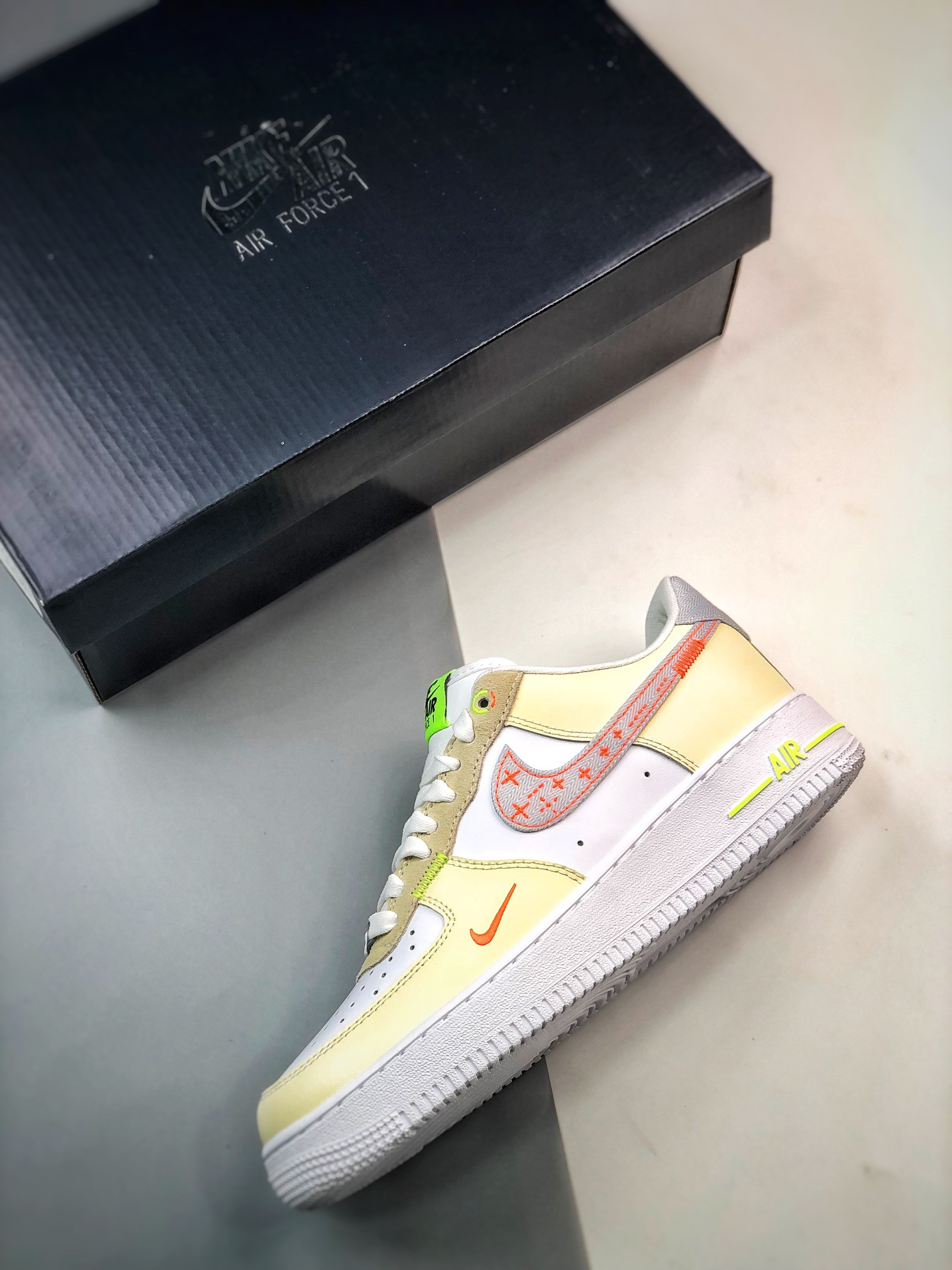 Nike Air Force 1 Low “Just Stitch It” White Tan Neon For Sale