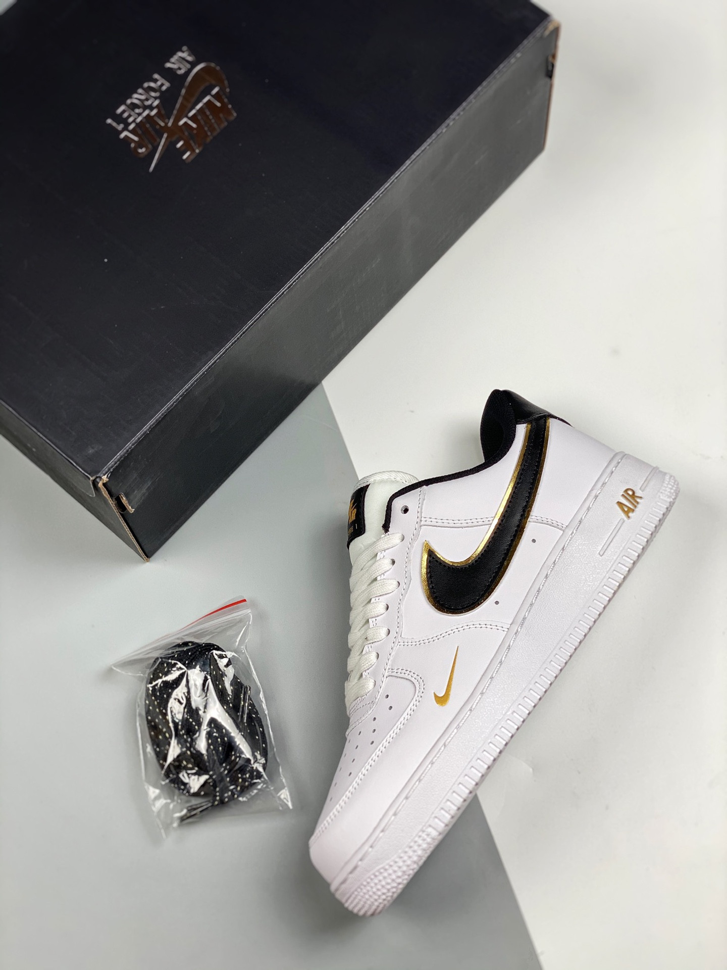Nike Air Force 1 Low ‘Double Swooshes’ White Black Gold For Sale