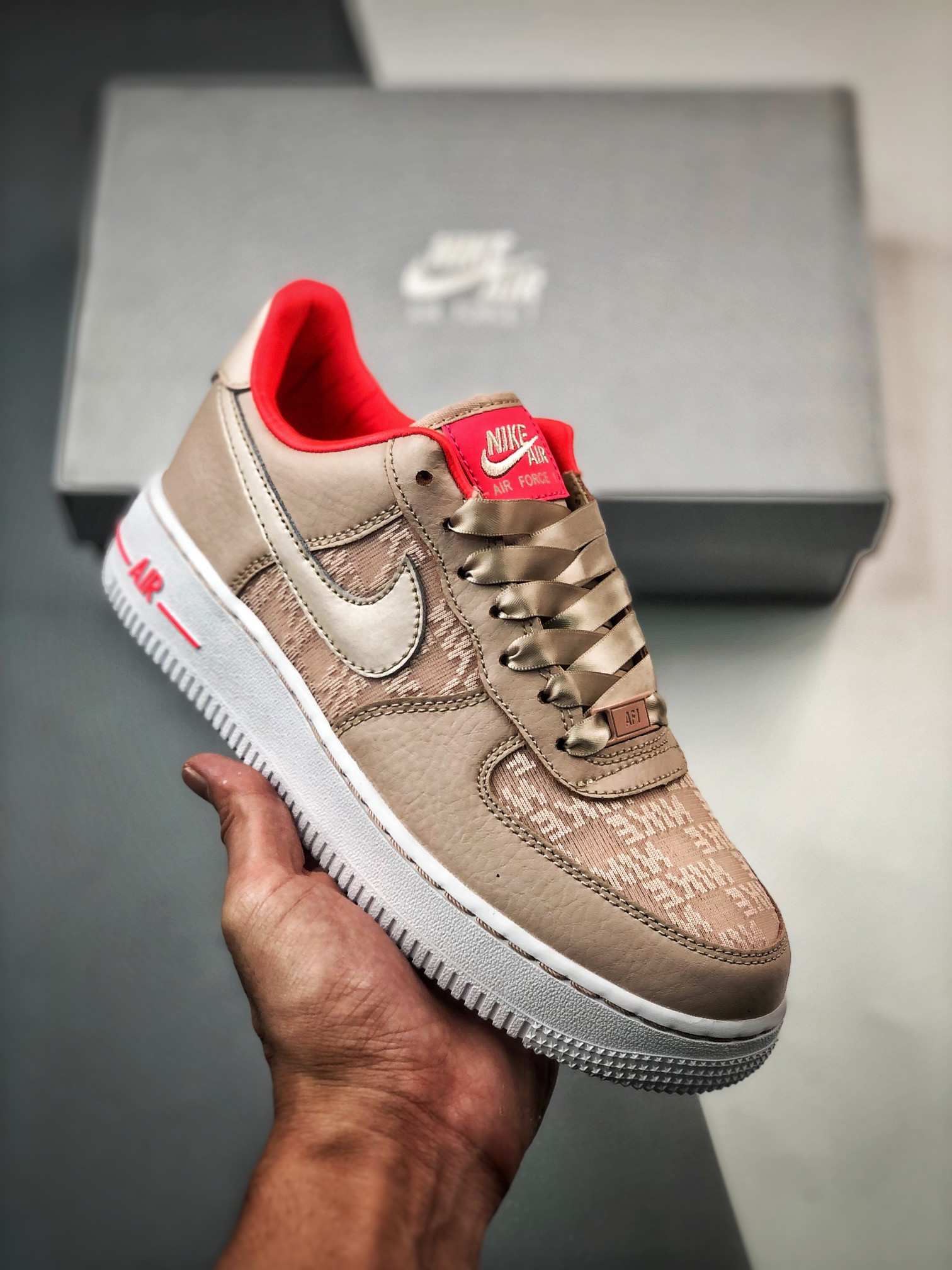 Nike Air Force 1 Low Fossil Stone/Laser Crimson/White For Sale