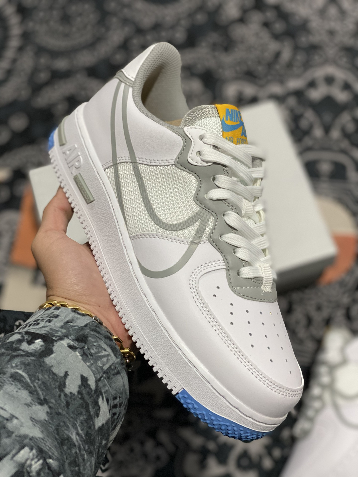 Nike Air Force 1 Low React White/Light Smoke Grey-University Gold For Sale