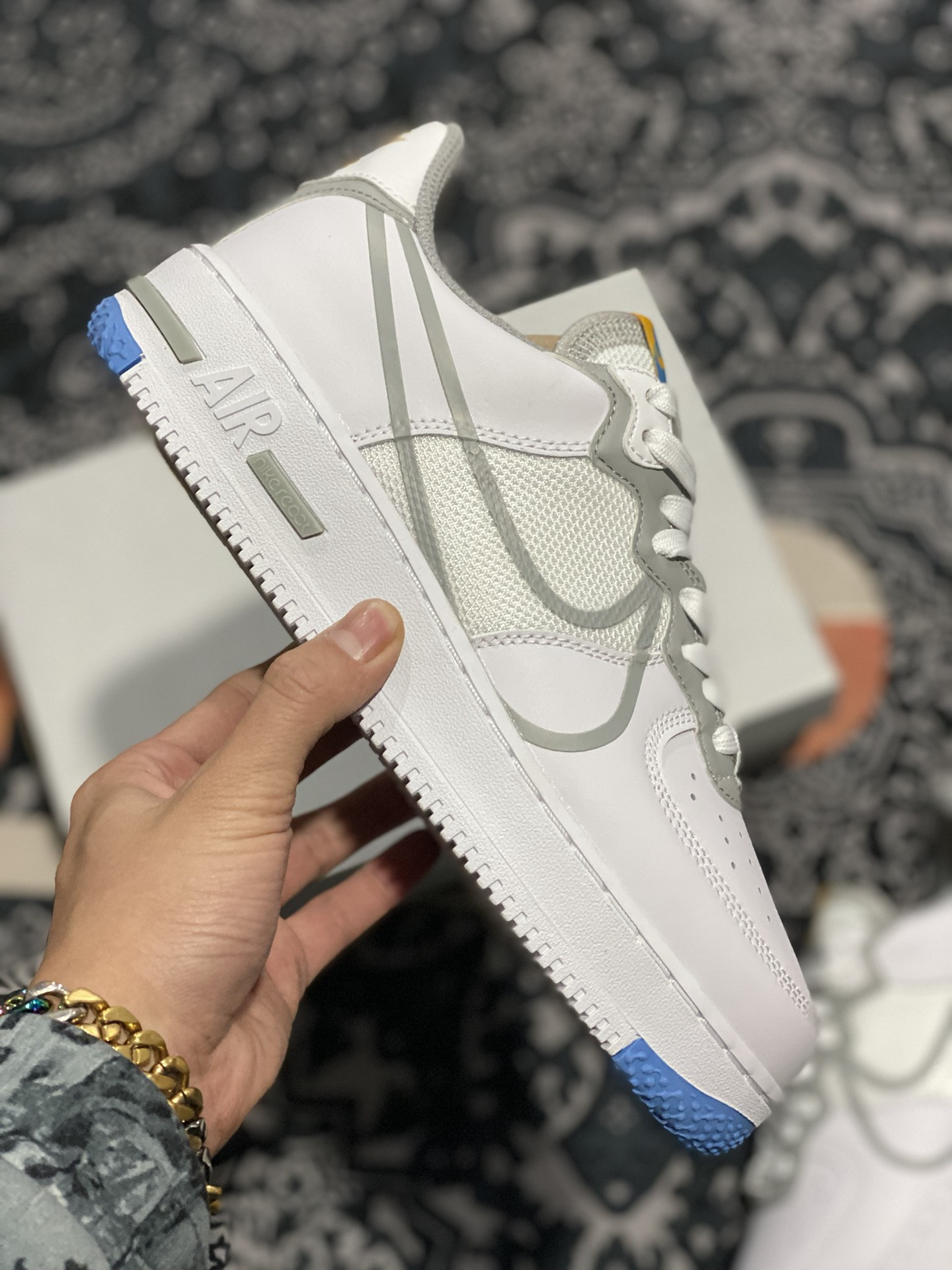 Nike Air Force 1 Low React White/Light Smoke Grey-University Gold For Sale