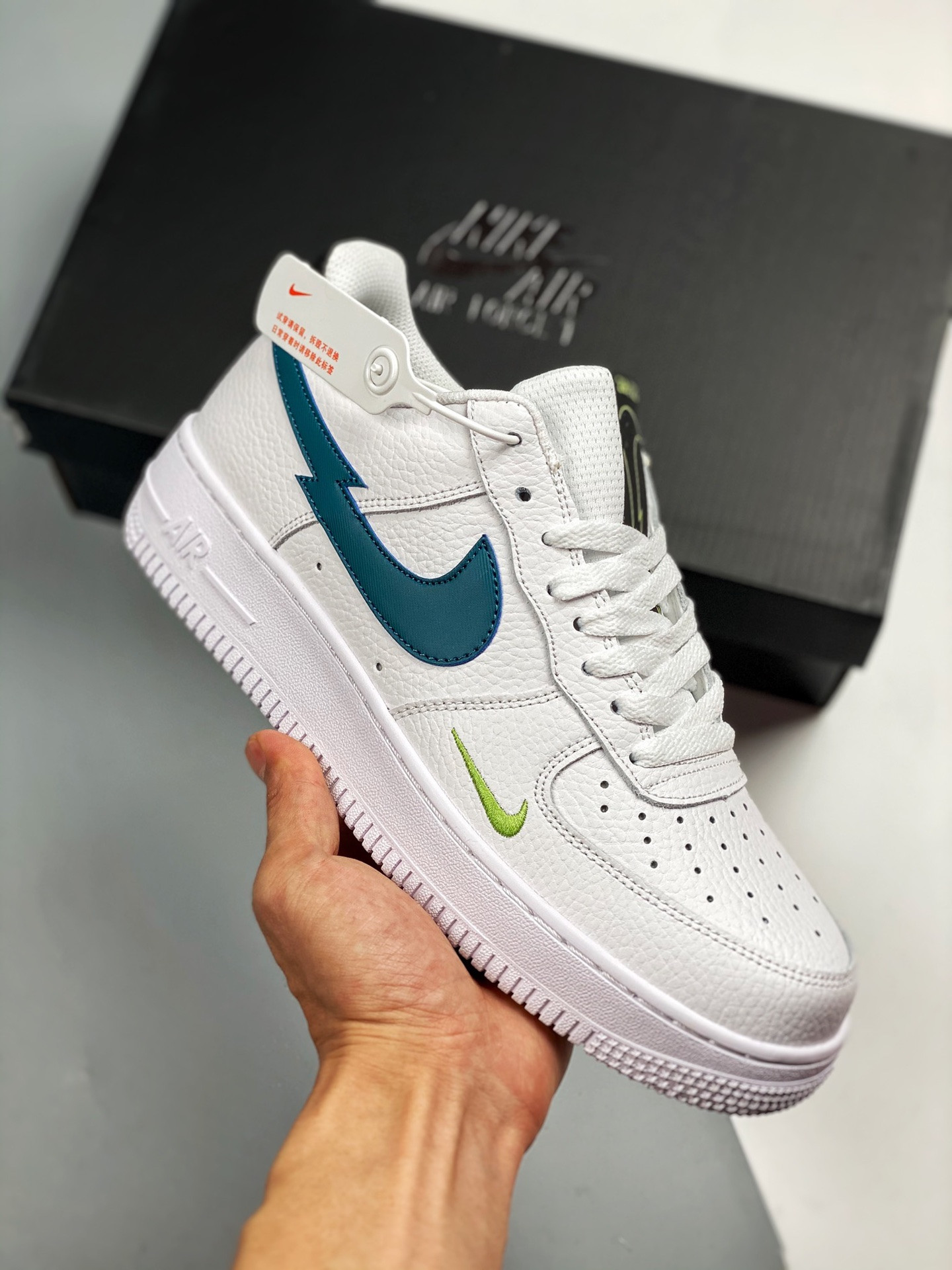Nike Air Force 1 Low White/Aquamarine-Lime Glow-Off Noir For Sale