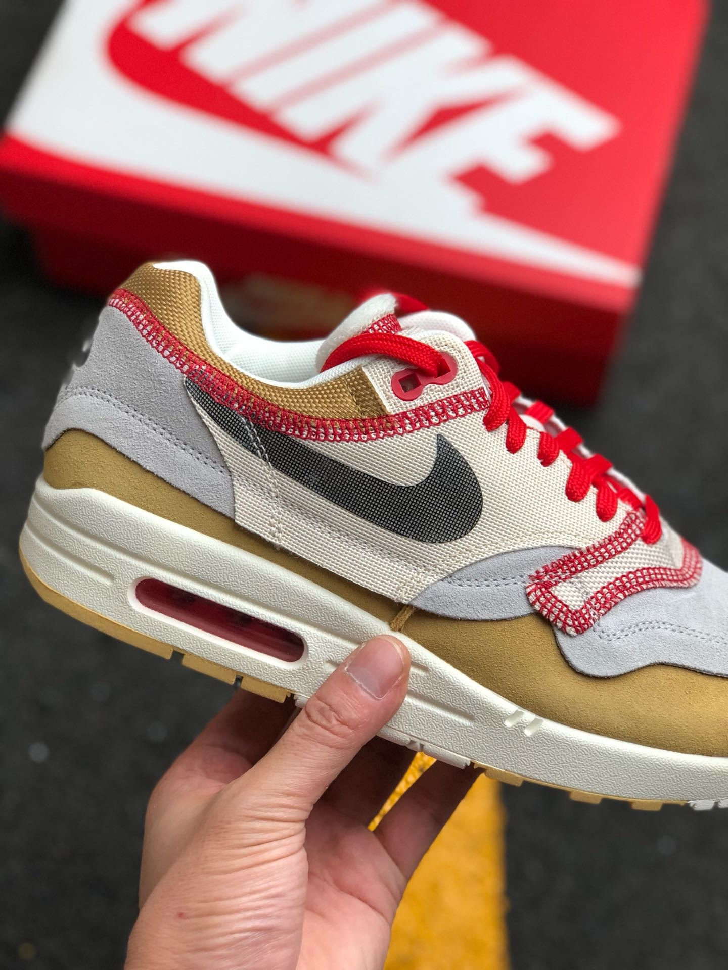 Nike Air Max 1 ‘Inside Out’ Club Gold/Black-White-Desert Sand-Sail-Red