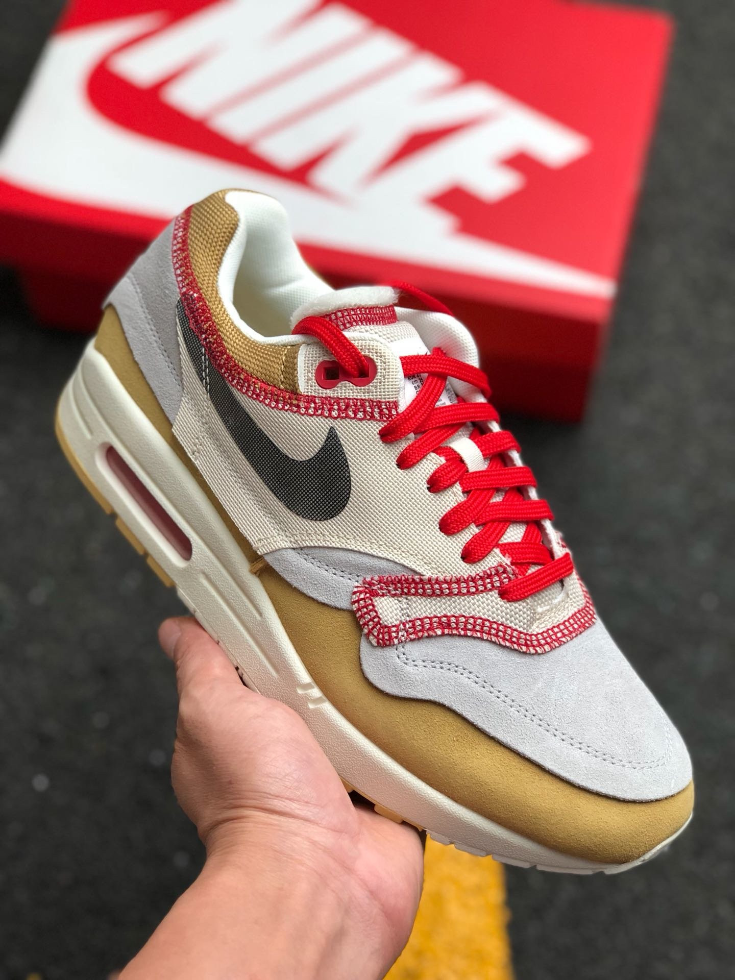Nike Air Max 1 ‘Inside Out’ Club Gold/Black-White-Desert Sand-Sail-Red