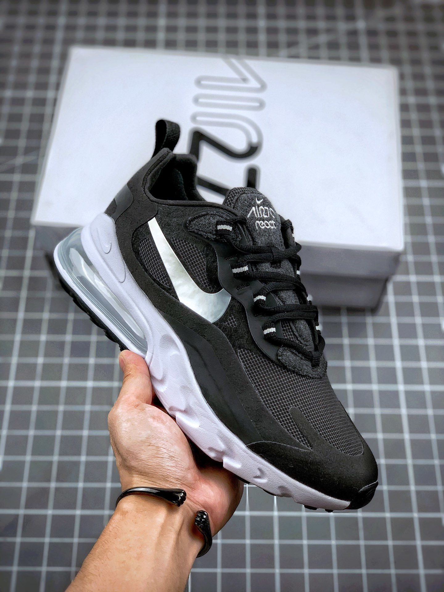Nike Air Max 270 React Black/Metallic Silver/White For Sale
