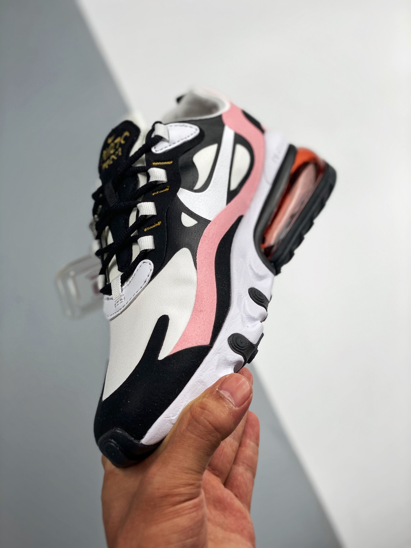 Nike Air Max 270 React Black/White-Bleached Coral-Metallic Gold For Sale