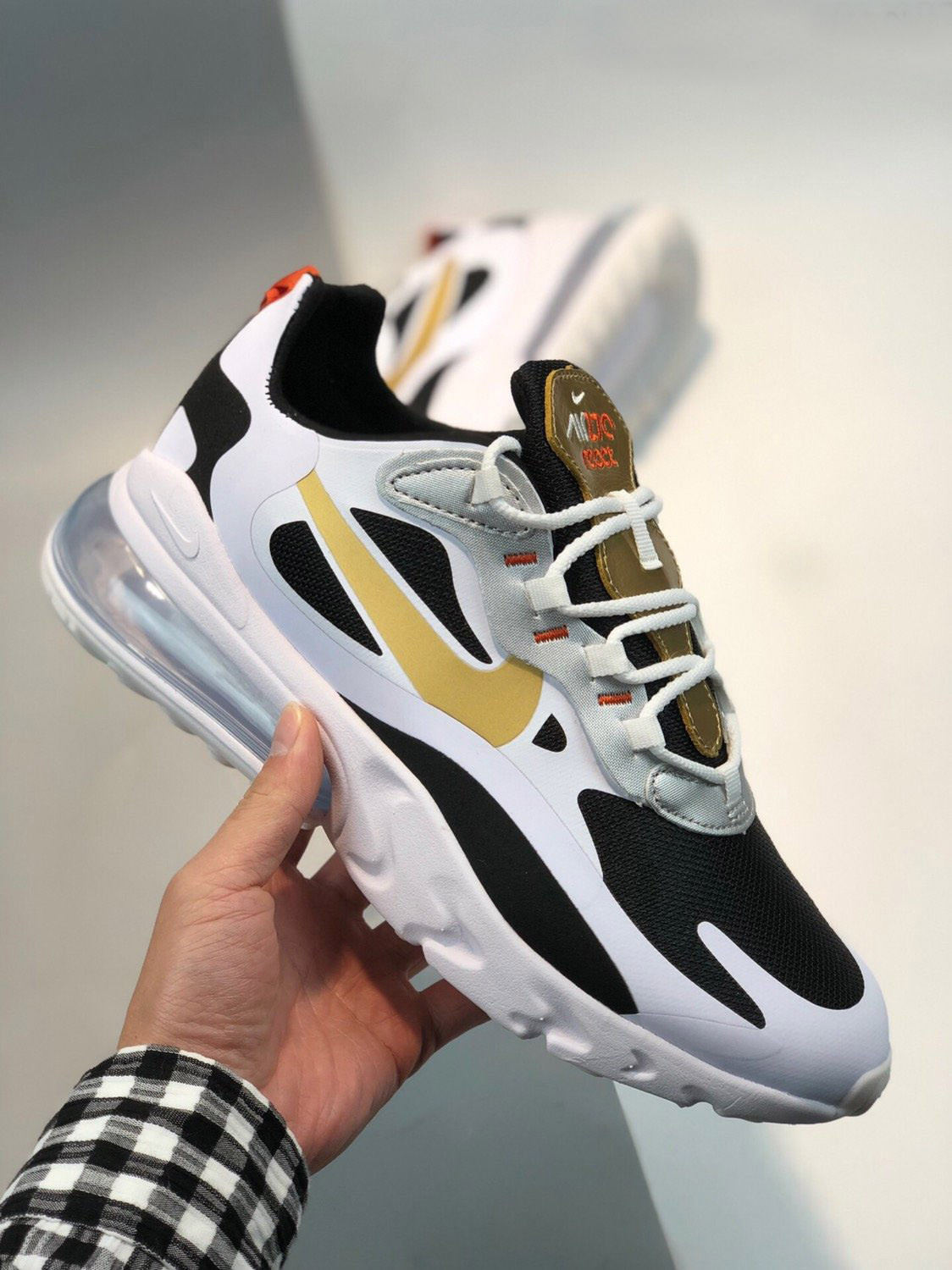 Nike Air Max 270 React Black/White-Metallic Gold For Sale