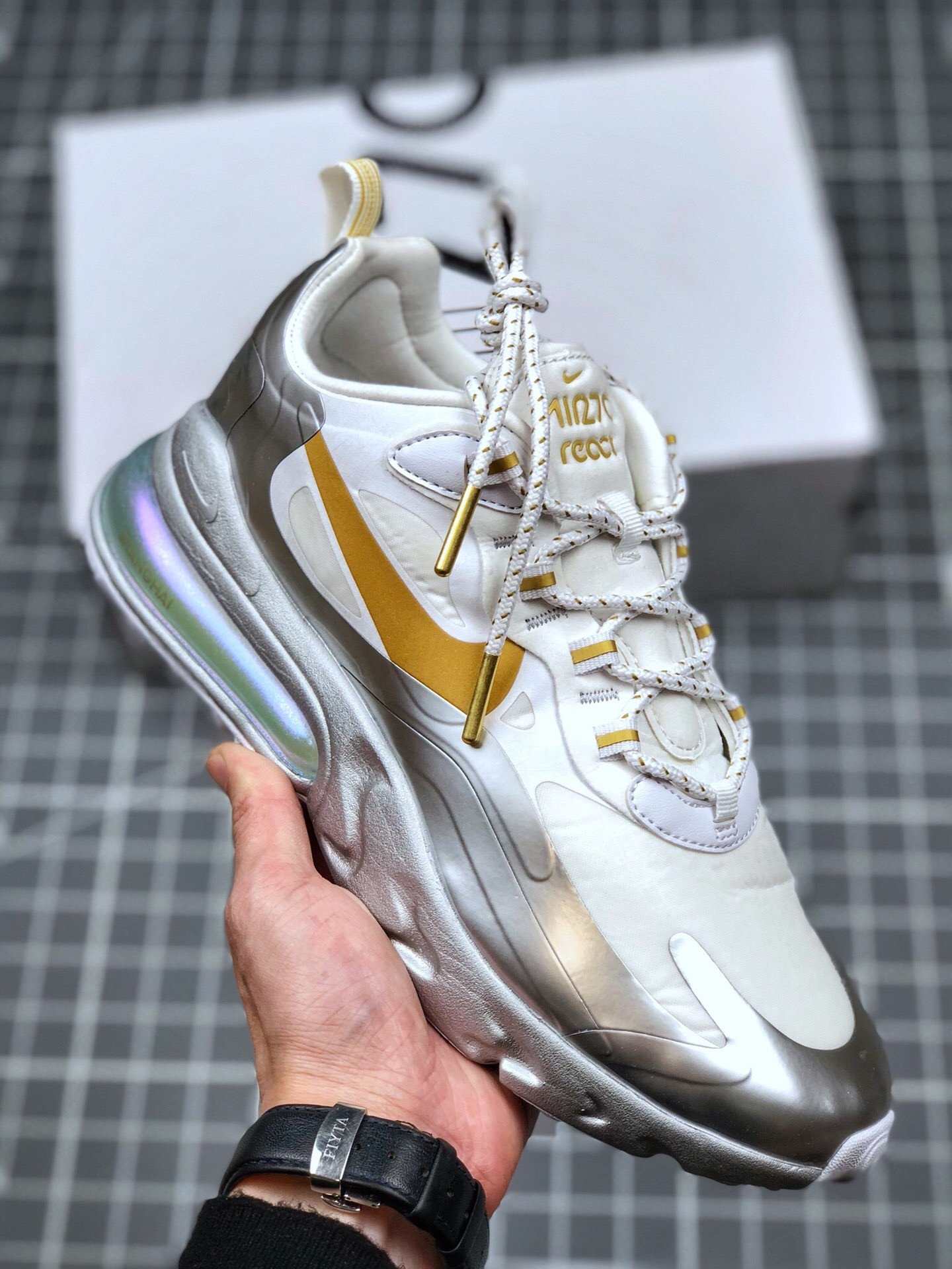 Nike Air Max 270 React ‘City of Speed’ White/Metallic Silver For Sale