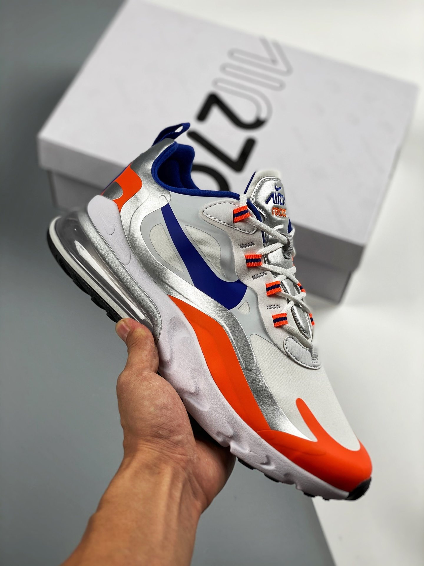 Nike Air Max 270 React ‘Knicks’ White/Racer Blue/Flash Crimson For Sale