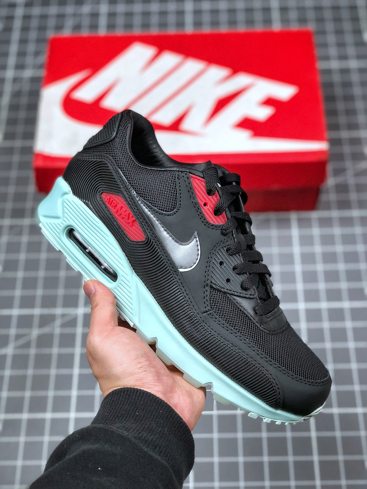 Nike Air Max 90 Premium Vinyl Black/Cool Grey-Teal Tint-University Red For Sale