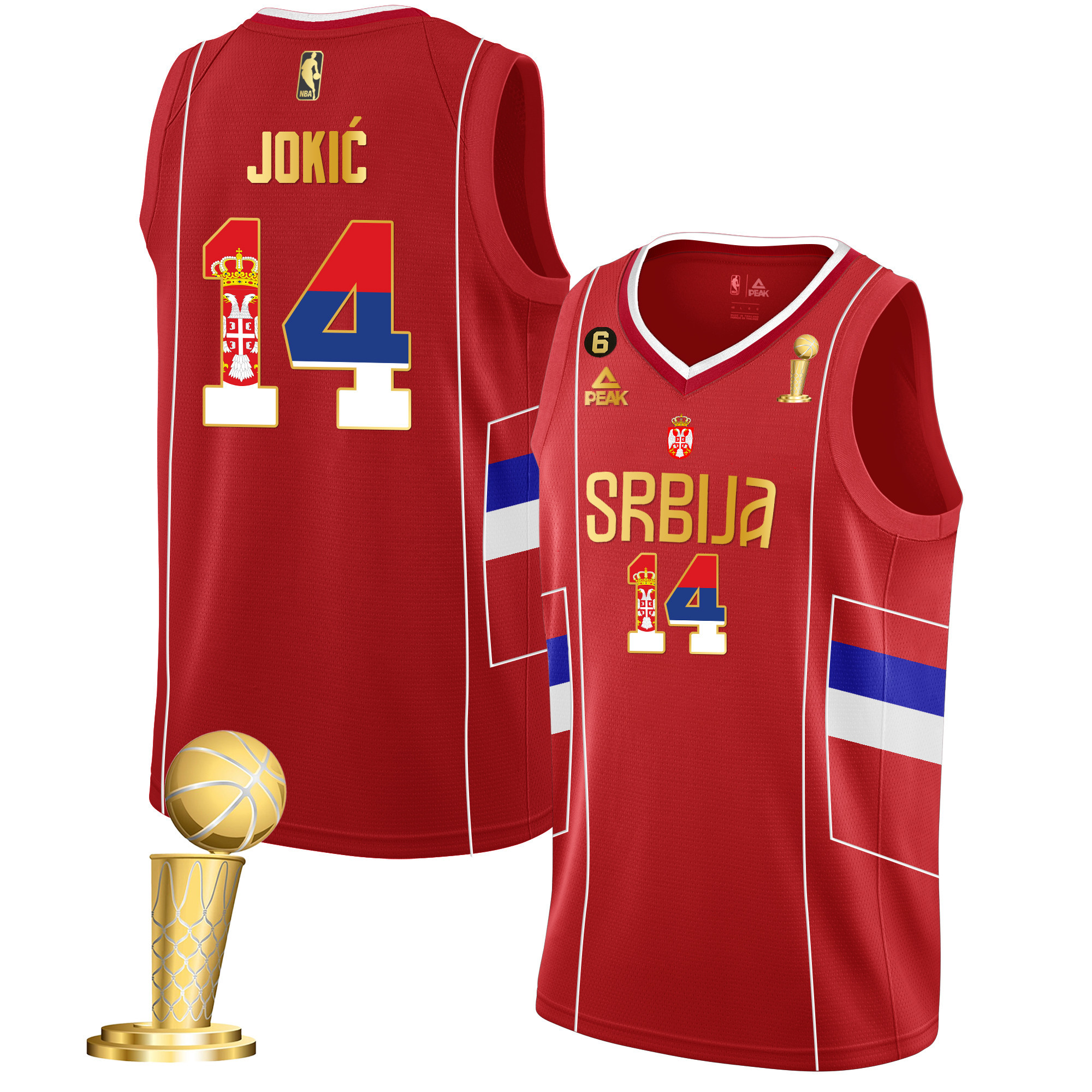 Nikola Jokic Denver Nuggets Serbia Champions Gold Red Jersey - All Stitched