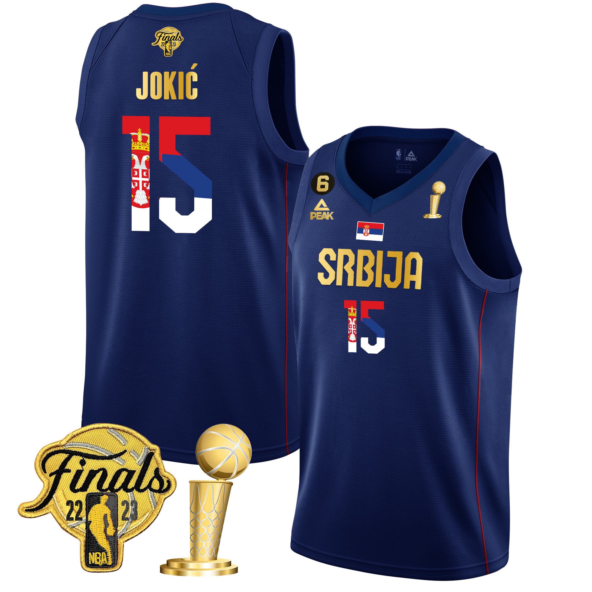 Nikola Jokic Denver Nuggets Serbia Finals & Champions Gold Navy Jersey - All Stitched