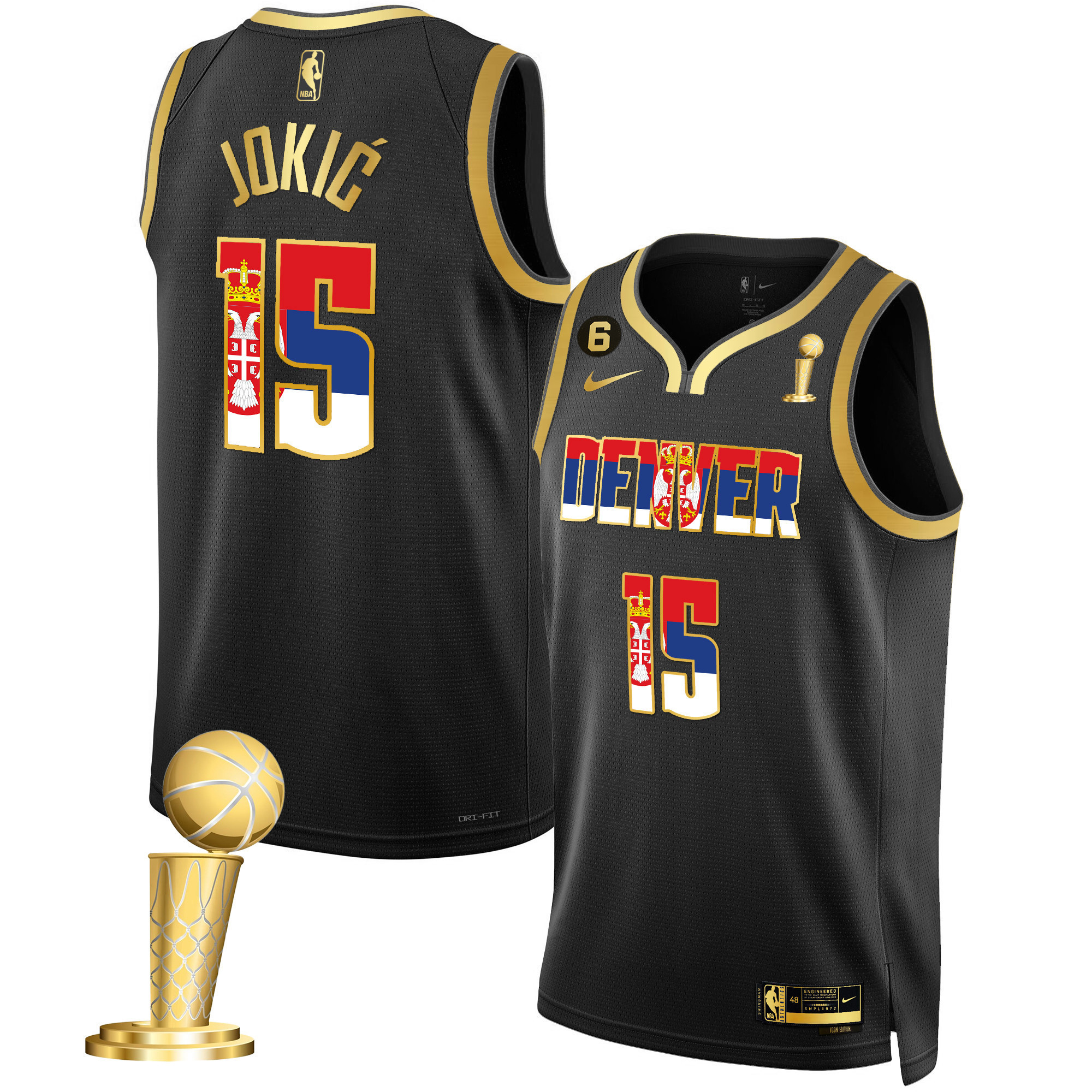 Nikola Jokic Denver Nuggets Serbia Flag Champions Black Gold Jersey - All Stitched
