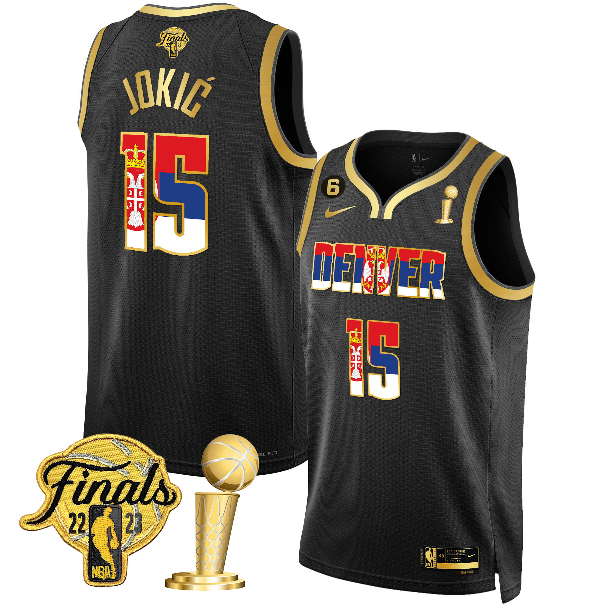 Nikola Jokic Denver Nuggets Serbia Flag Finals & Champions Black Gold Jersey - All Stitched