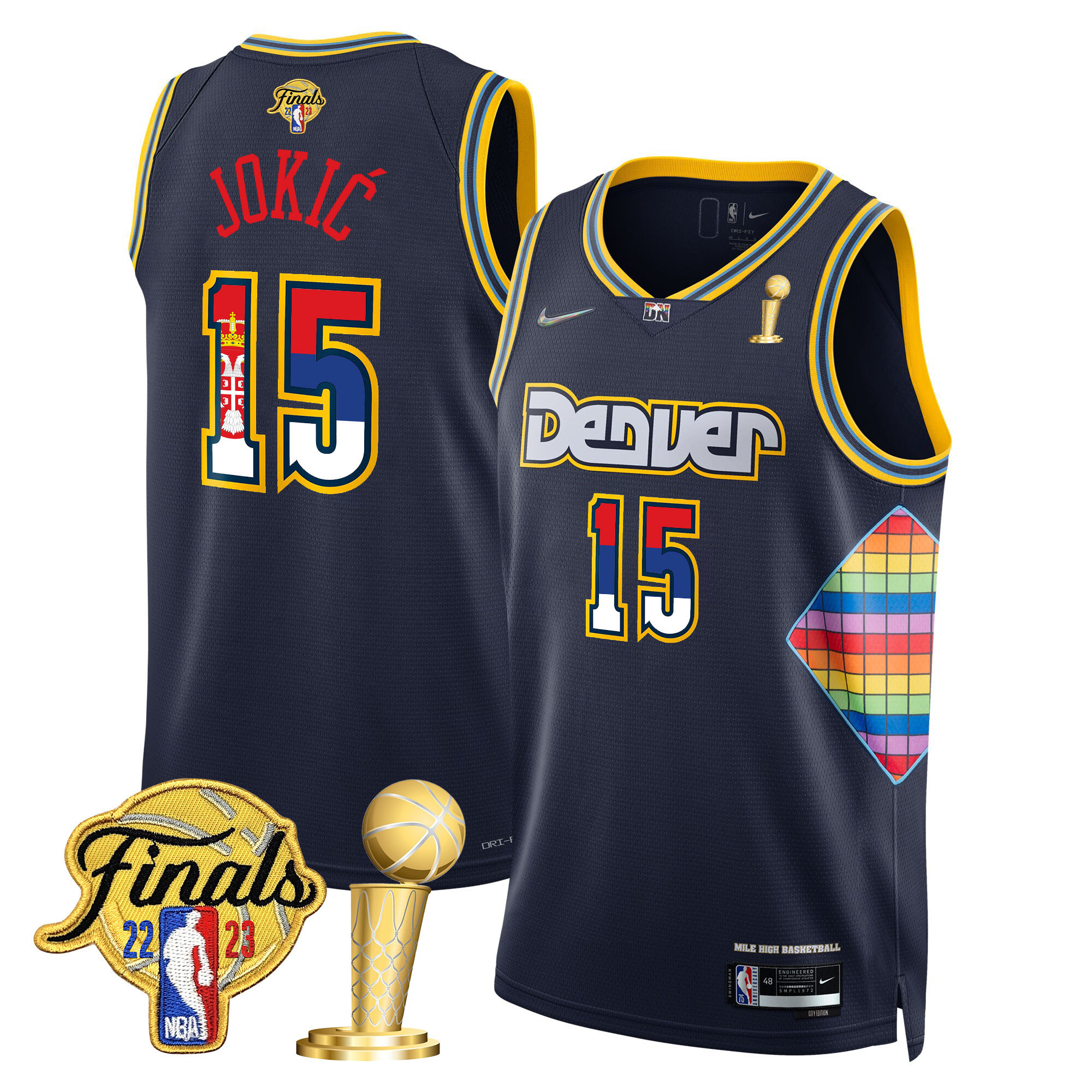 Nikola Jokic Denver Nuggets Serbia Flag Finals & Champions City Navy Jersey - All Stitched