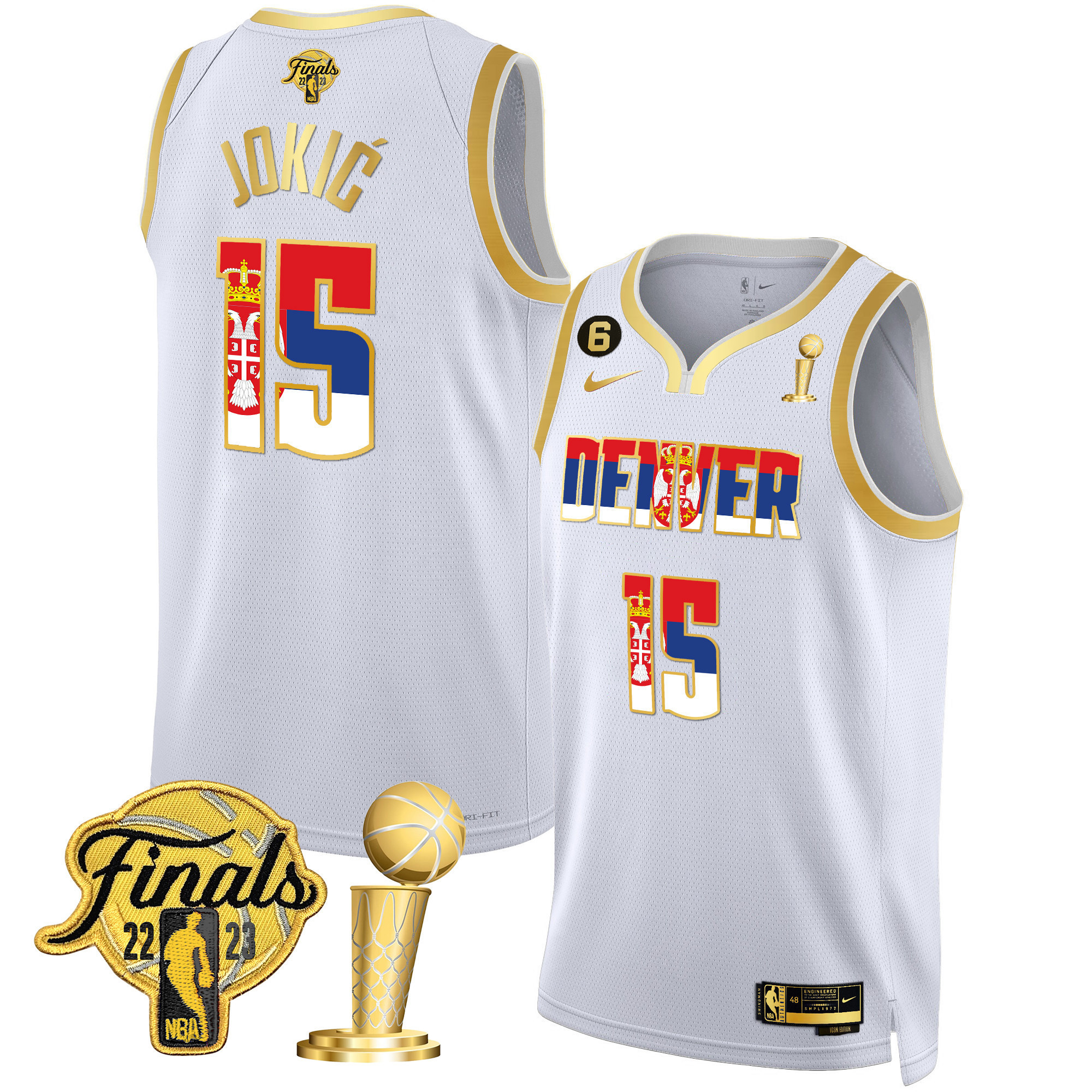 Nikola Jokic Denver Nuggets Serbia Flag Finals & Champions White Gold Jersey - All Stitched