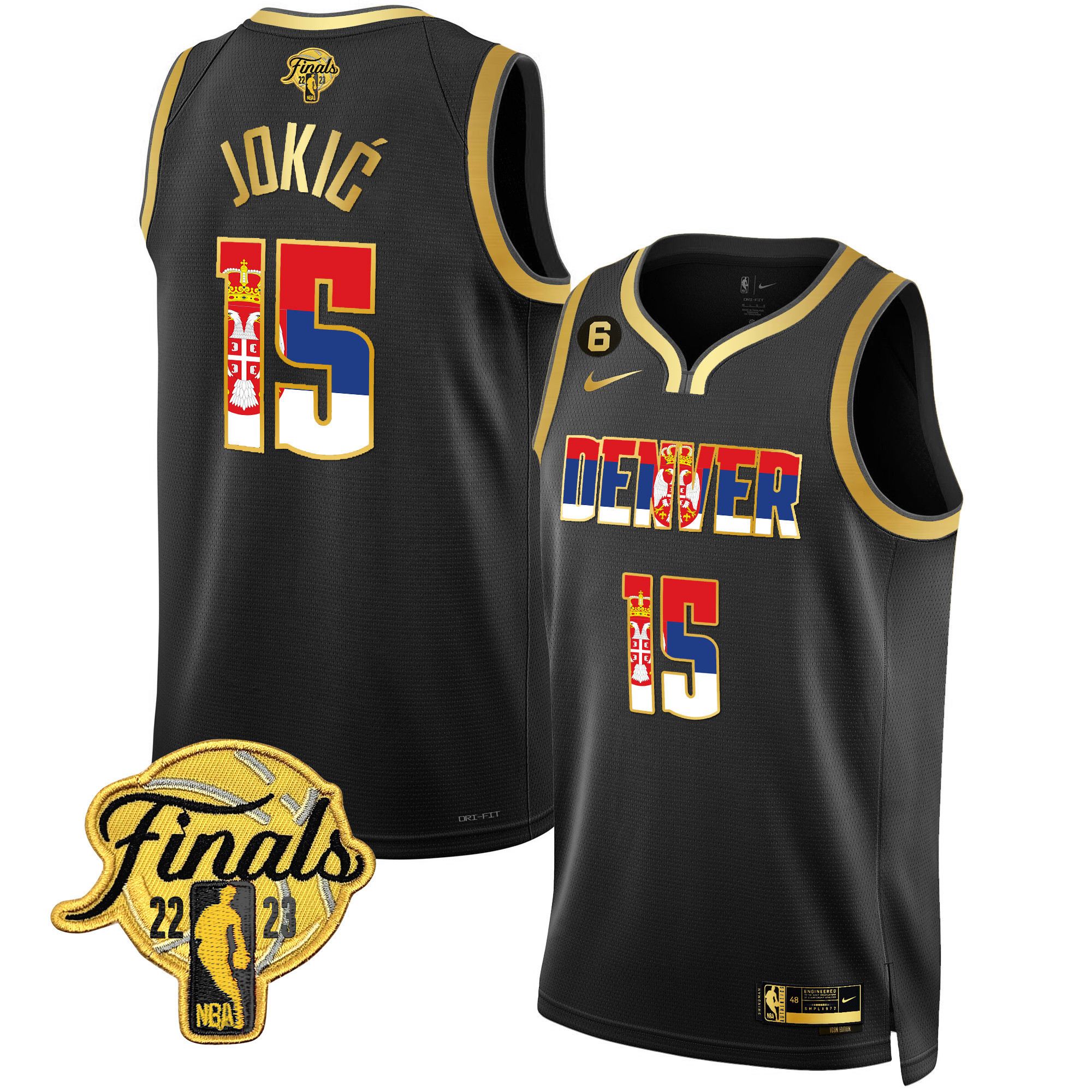 Nikola Jokic Denver Nuggets Serbia Flag Finals Patch Black Gold Jersey - All Stitched