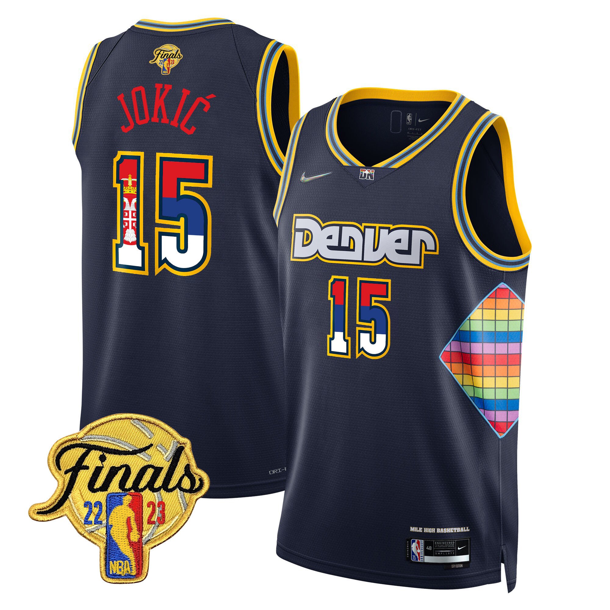 Nikola Jokic Denver Nuggets Serbia Flag Finals Patch City Navy Jersey - All Stitched
