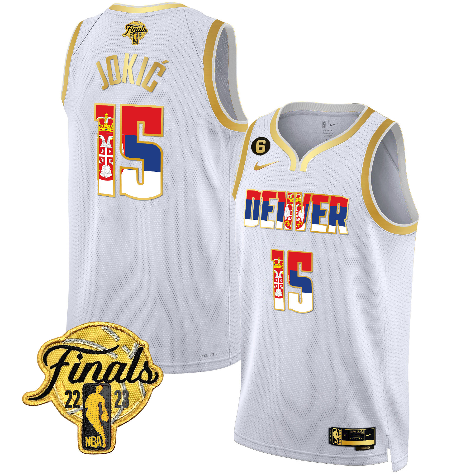 Nikola Jokic Denver Nuggets Serbia Flag Finals Patch White Gold Jersey - All Stitched