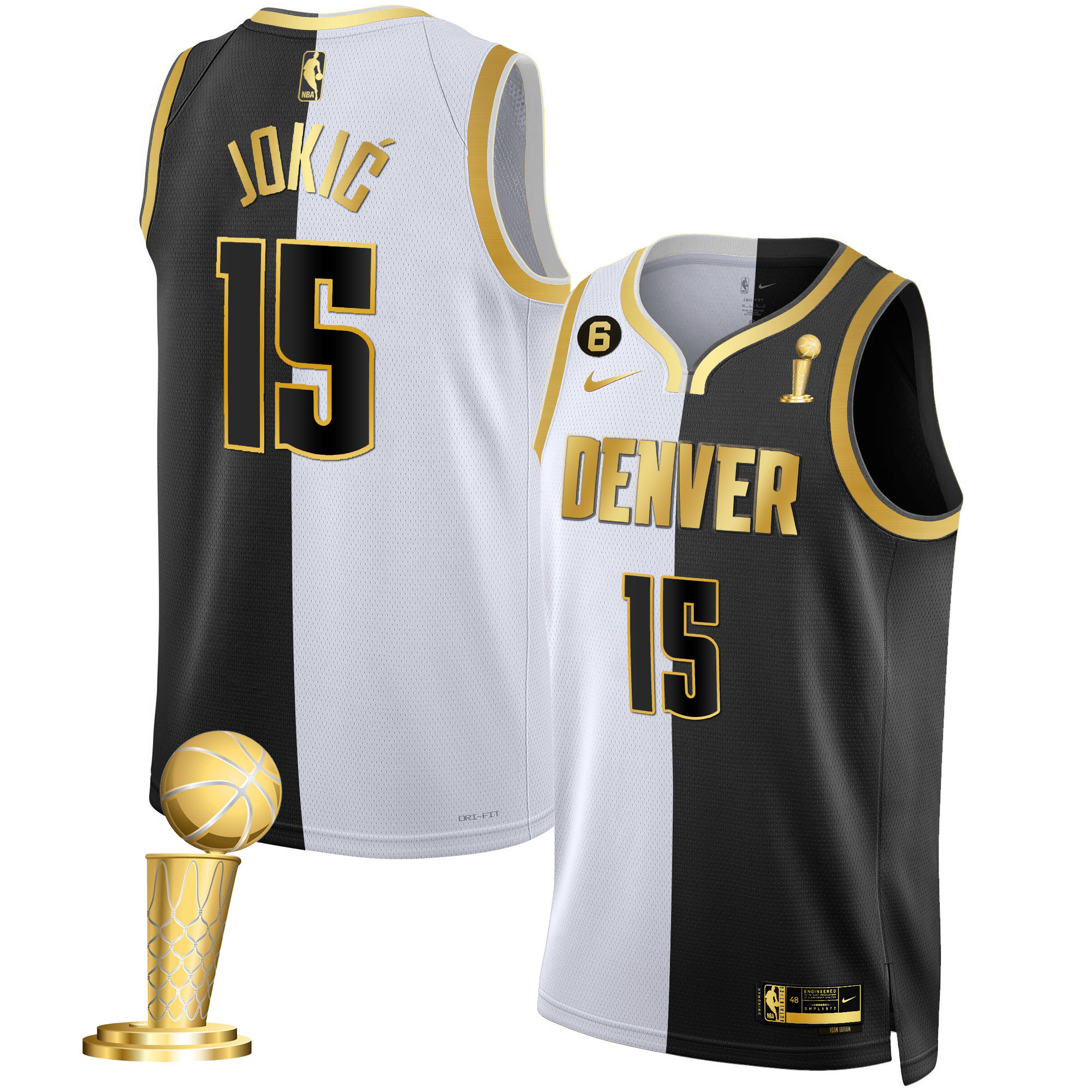 Nikola Jokic Men's Denver Nuggets 2023 Champions Black & White Gold Split Jersey - All Stitched