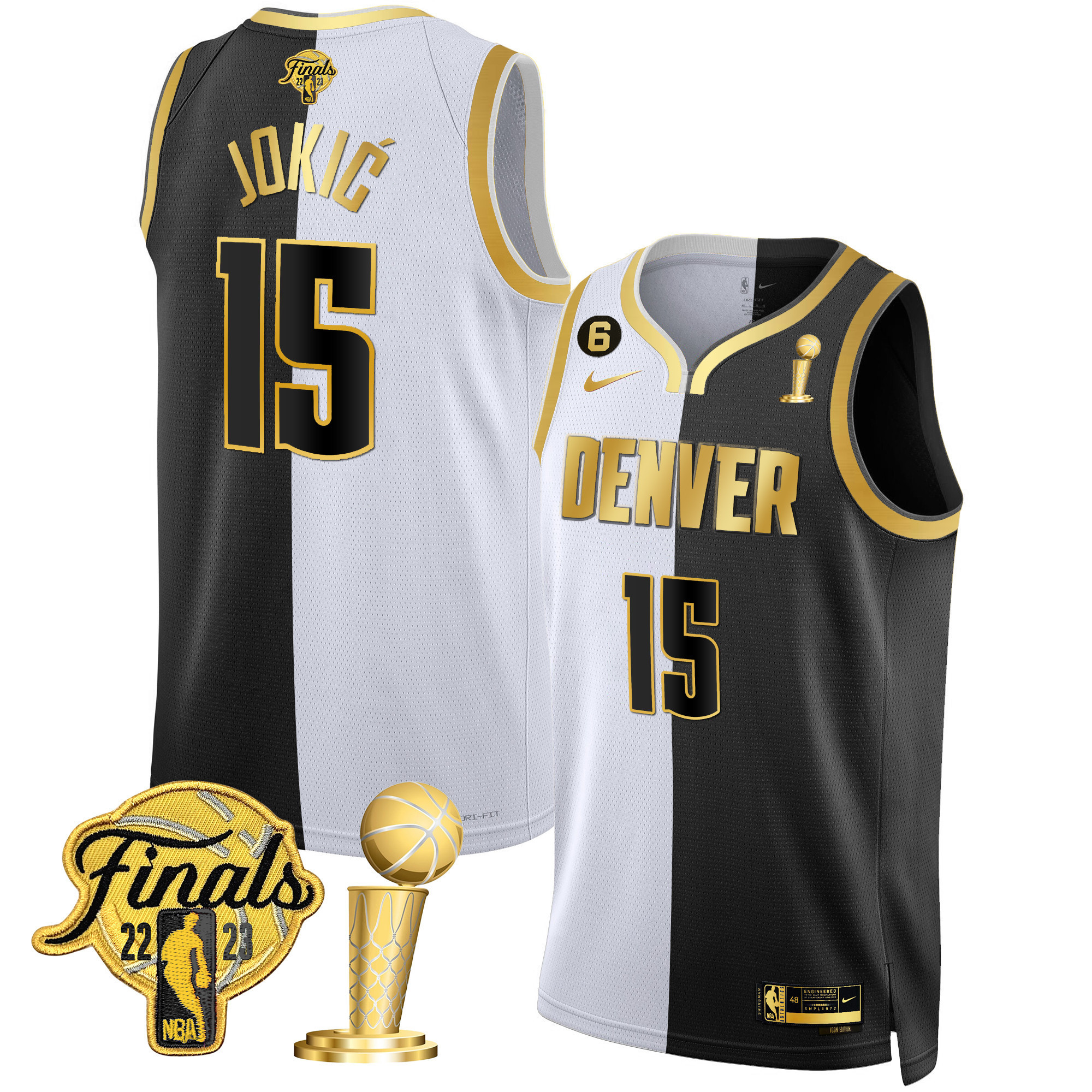 Nikola Jokic Men's Denver Nuggets 2023 Finals & Champions Black & White Gold Split Jersey - All Stitched
