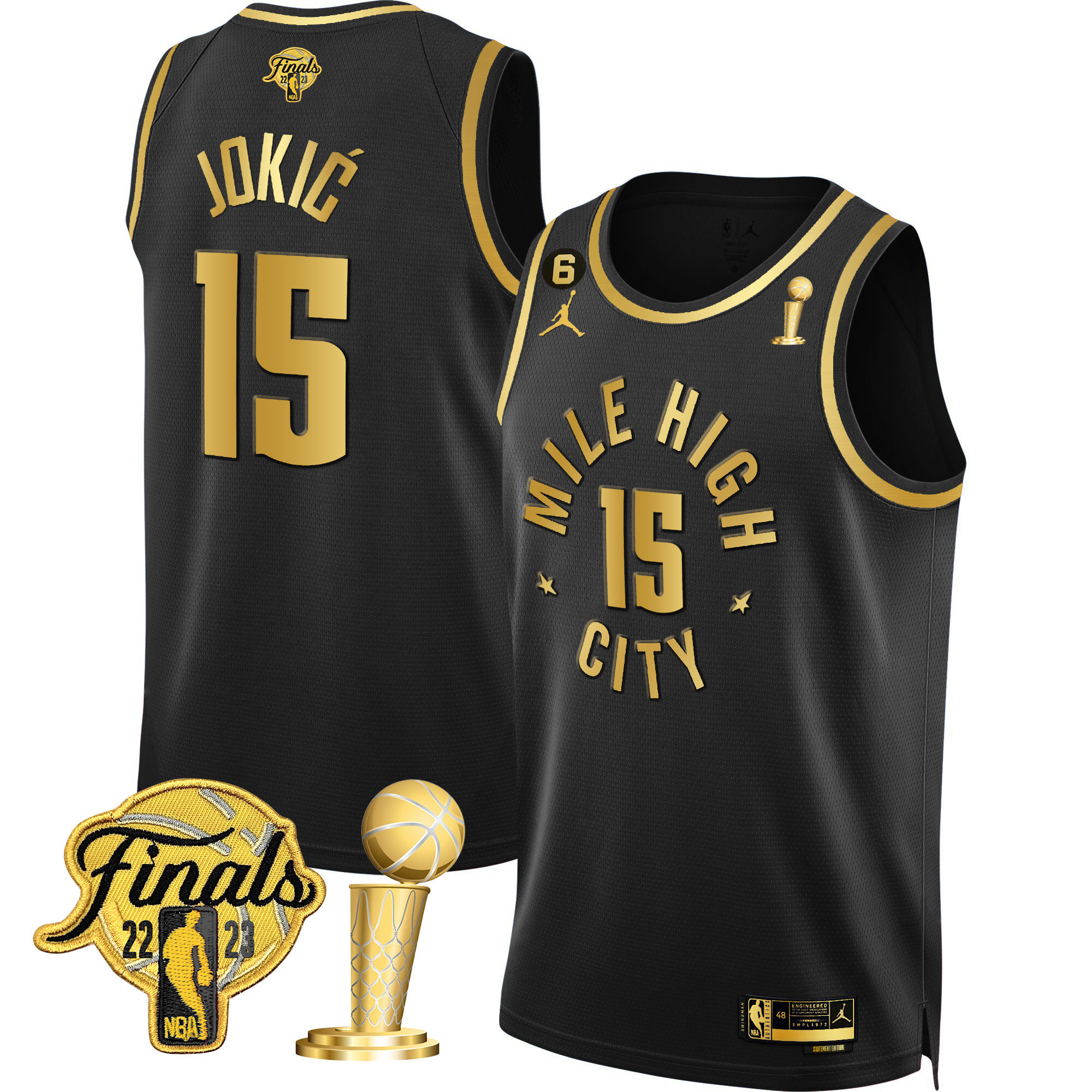 Nikola Jokic Men's Denver Nuggets 2023 Finals & Champions Black & White Gold Statement Black Jersey - All Stitched