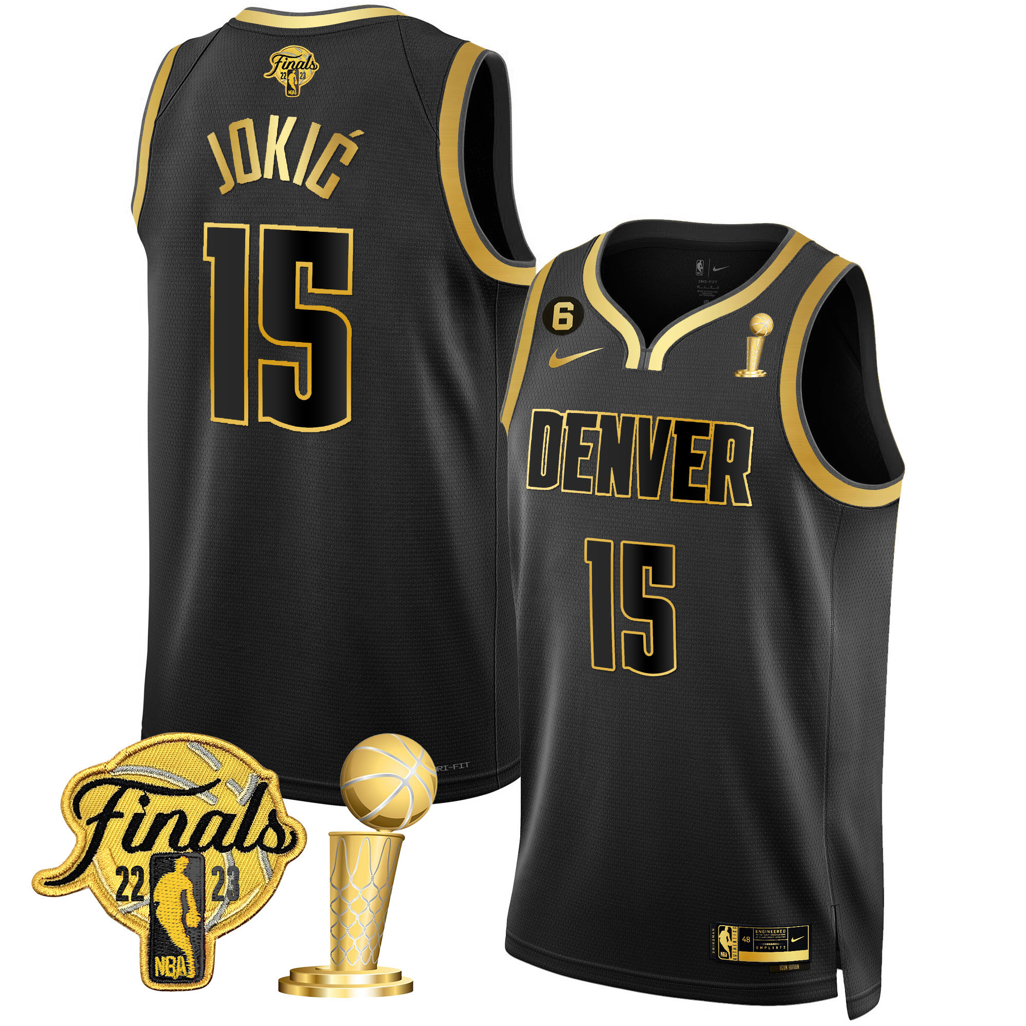 Nikola Jokic Men's Denver Nuggets 2023 Finals & Champions Patch Black Gold Jersey - All Stitched
