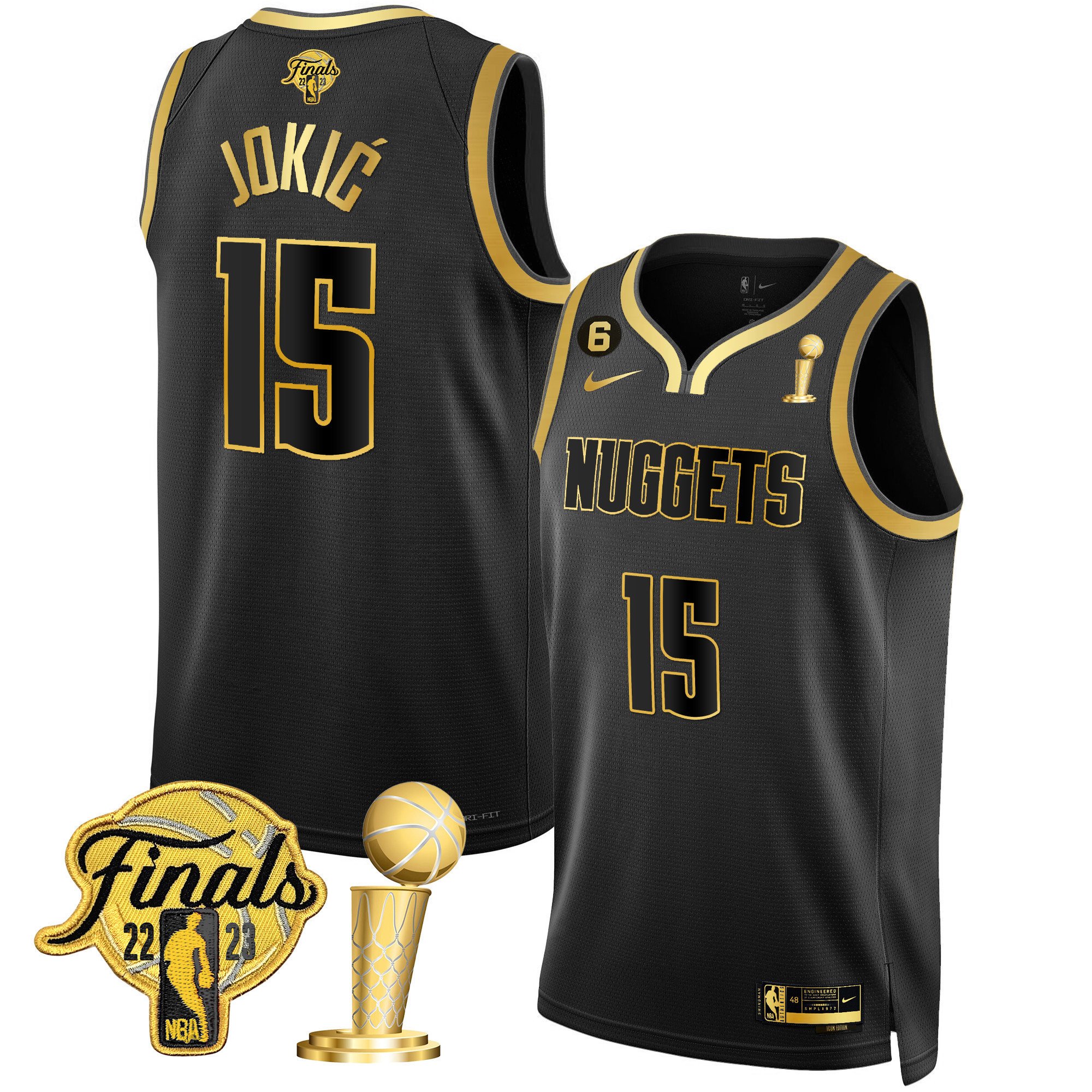 Nikola Jokic Men's Denver Nuggets 2023 Finals & Champions Patch Gold Black Gold Jersey - All Stitched