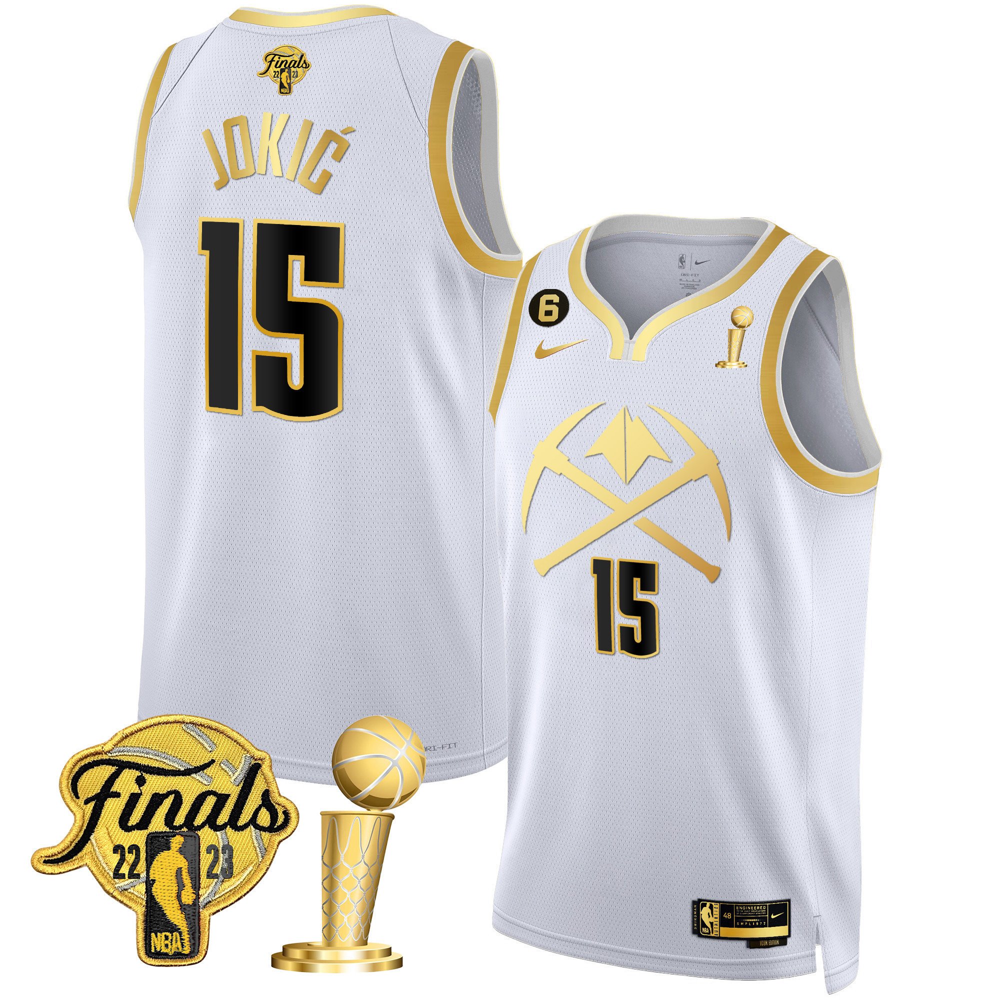 Nikola Jokic Men's Denver Nuggets 2023 Finals & Champions Patch Gold Special V2 White Gold Jersey - All Stitched
