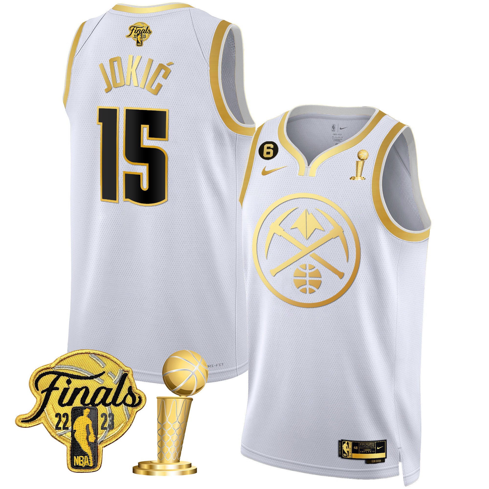 Nikola Jokic Men's Denver Nuggets 2023 Finals & Champions Patch Gold Special White Gold Jersey - All Stitched