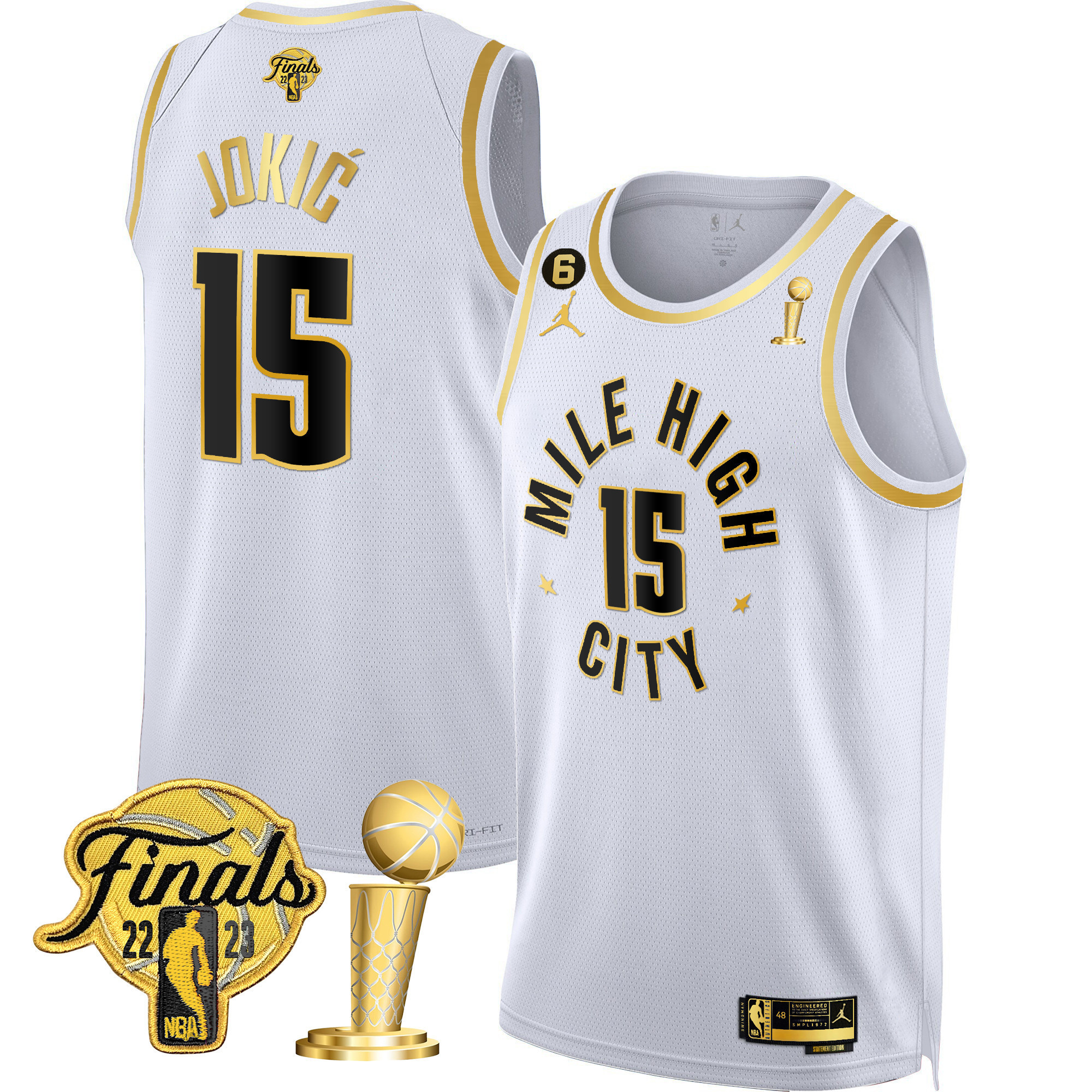 Nikola Jokic Men's Denver Nuggets 2023 Finals & Champions Patch Gold Statement White Jersey - All Stitched