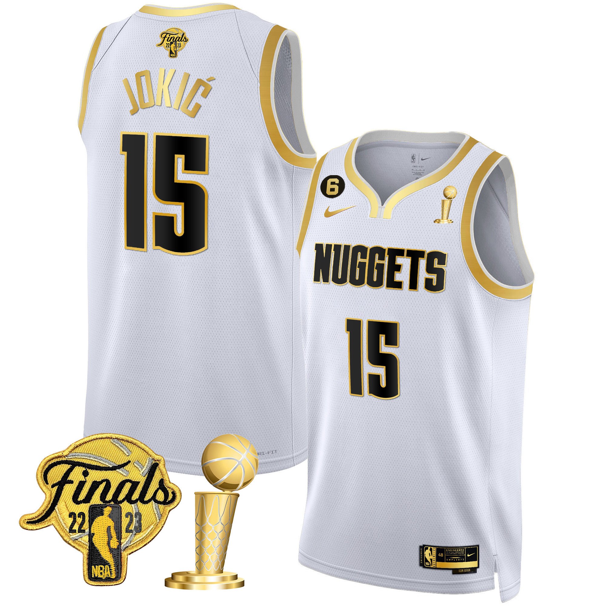 Nikola Jokic Men's Denver Nuggets 2023 Finals & Champions Patch Gold White Gold Jersey - All Stitched