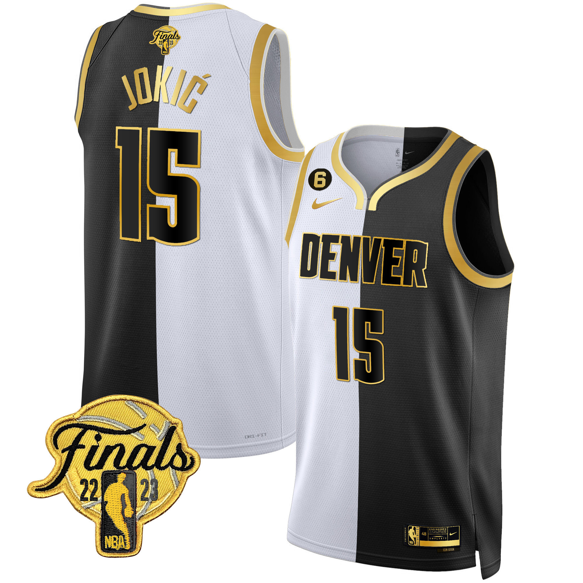 Nikola Jokic Men's Denver Nuggets 2023 Finals Patch Black & White Gold Split Jersey - All Stitched