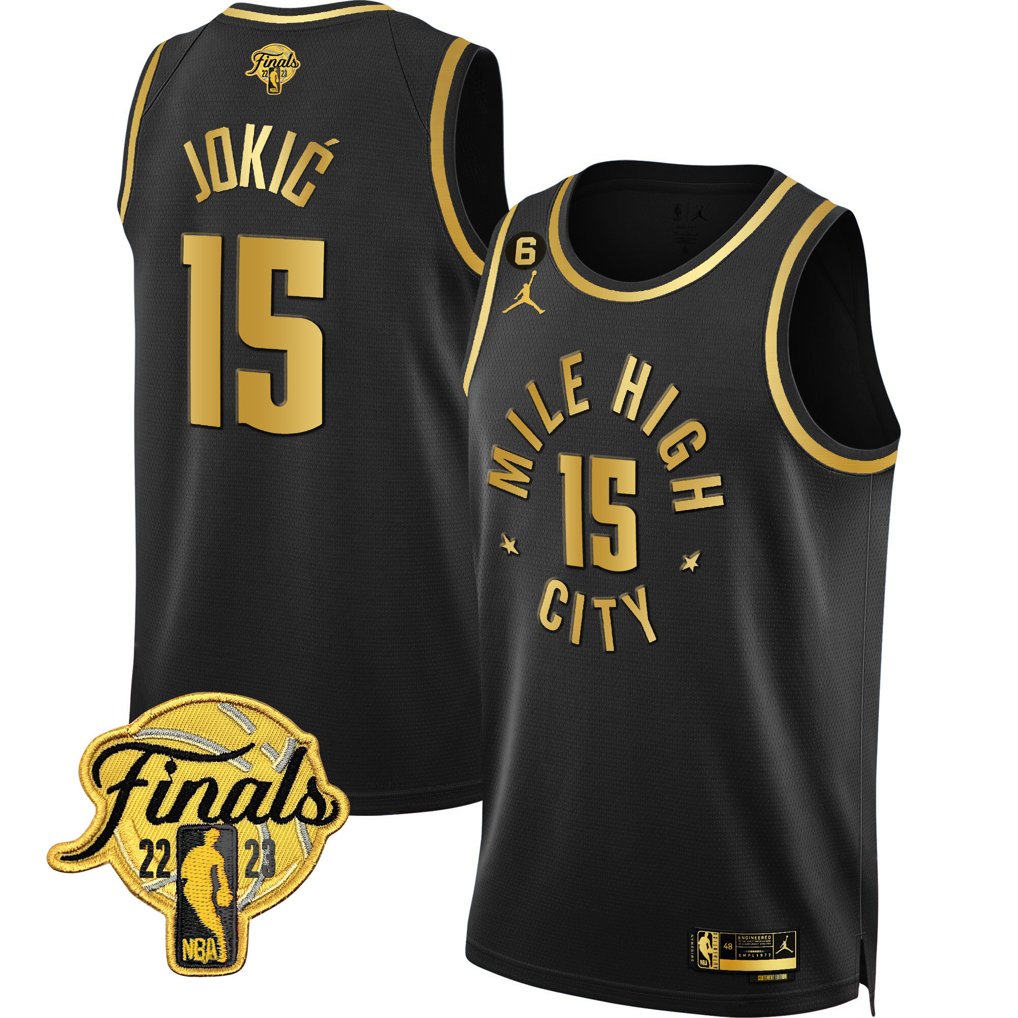 Nikola Jokic Men's Denver Nuggets 2023 Finals Patch Black & White Gold Statement Black Jersey - All Stitched