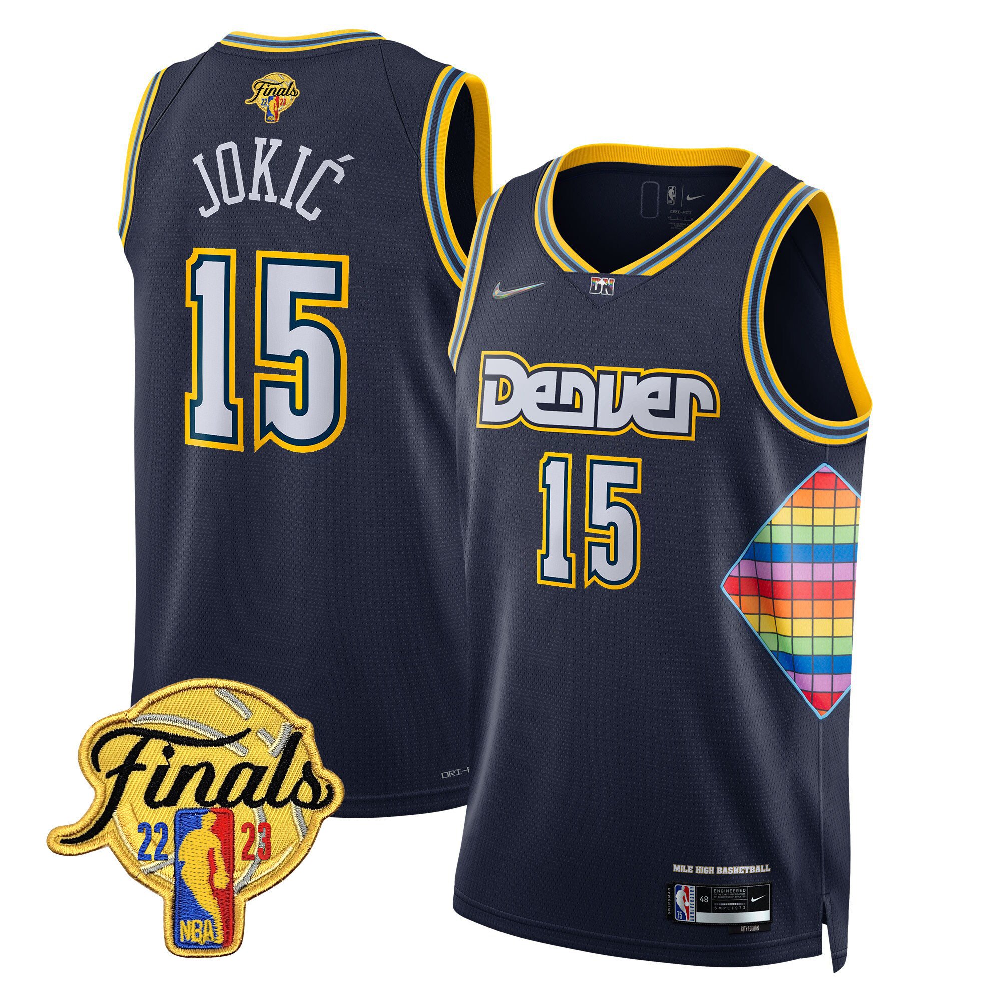 Nikola Jokic Men's Denver Nuggets 2023 Finals Patch Collection V2 City Navy Jersey - All Stitched