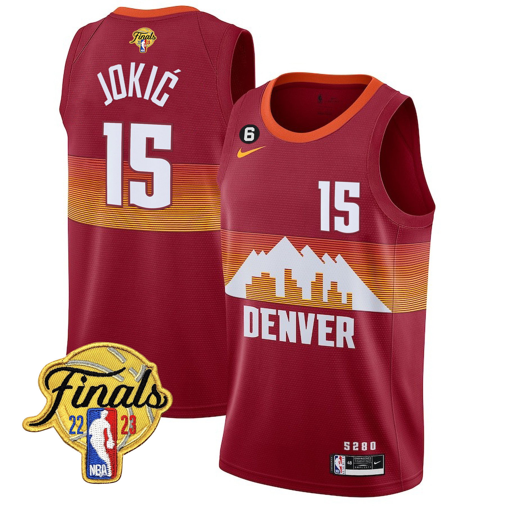 Nikola Jokic Men's Denver Nuggets 2023 Finals Patch Collection V2 City Red Jersey - All Stitched