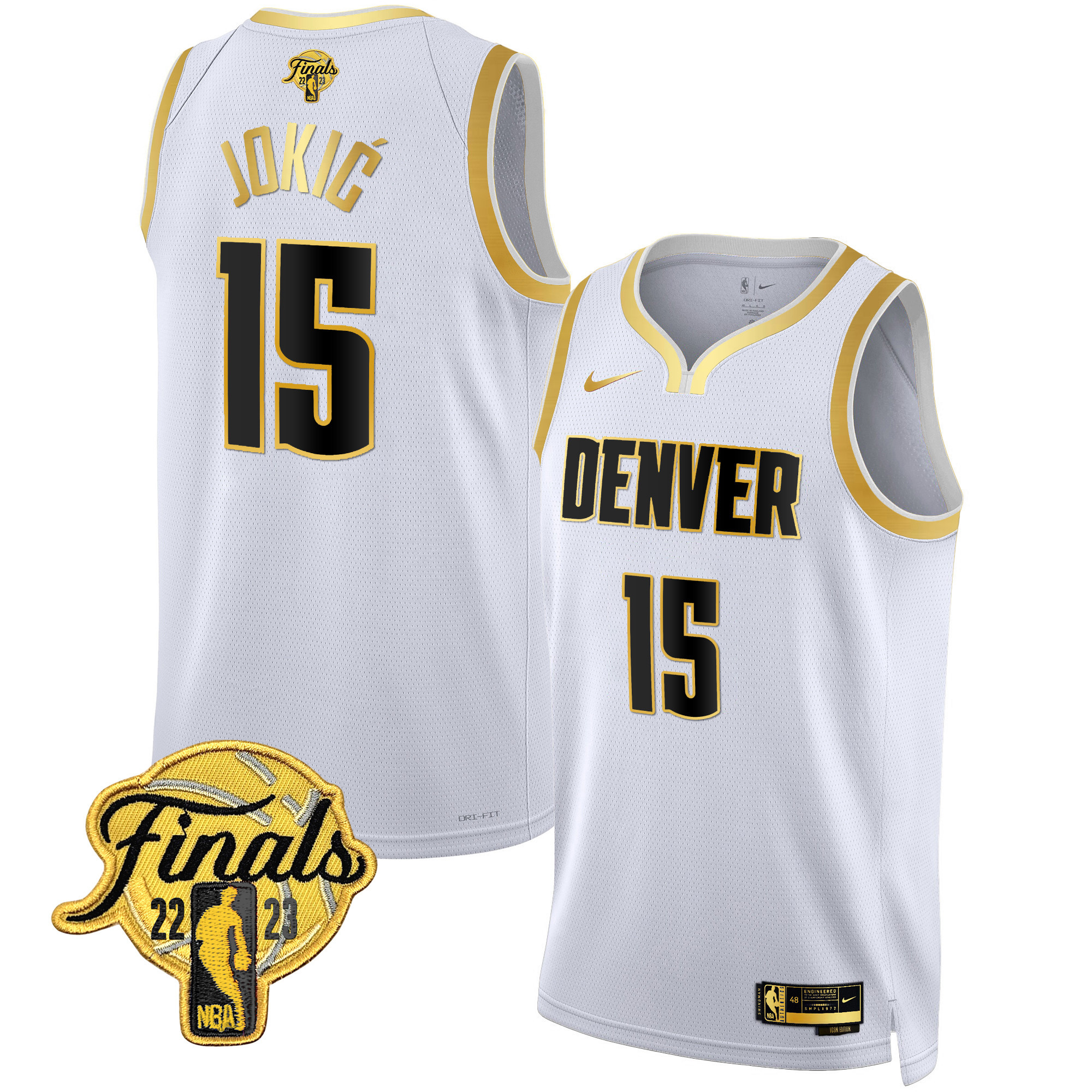 Nikola Jokic Men's Denver Nuggets 2023 Finals Patch Collection V2 White Gold Jersey - All Stitched