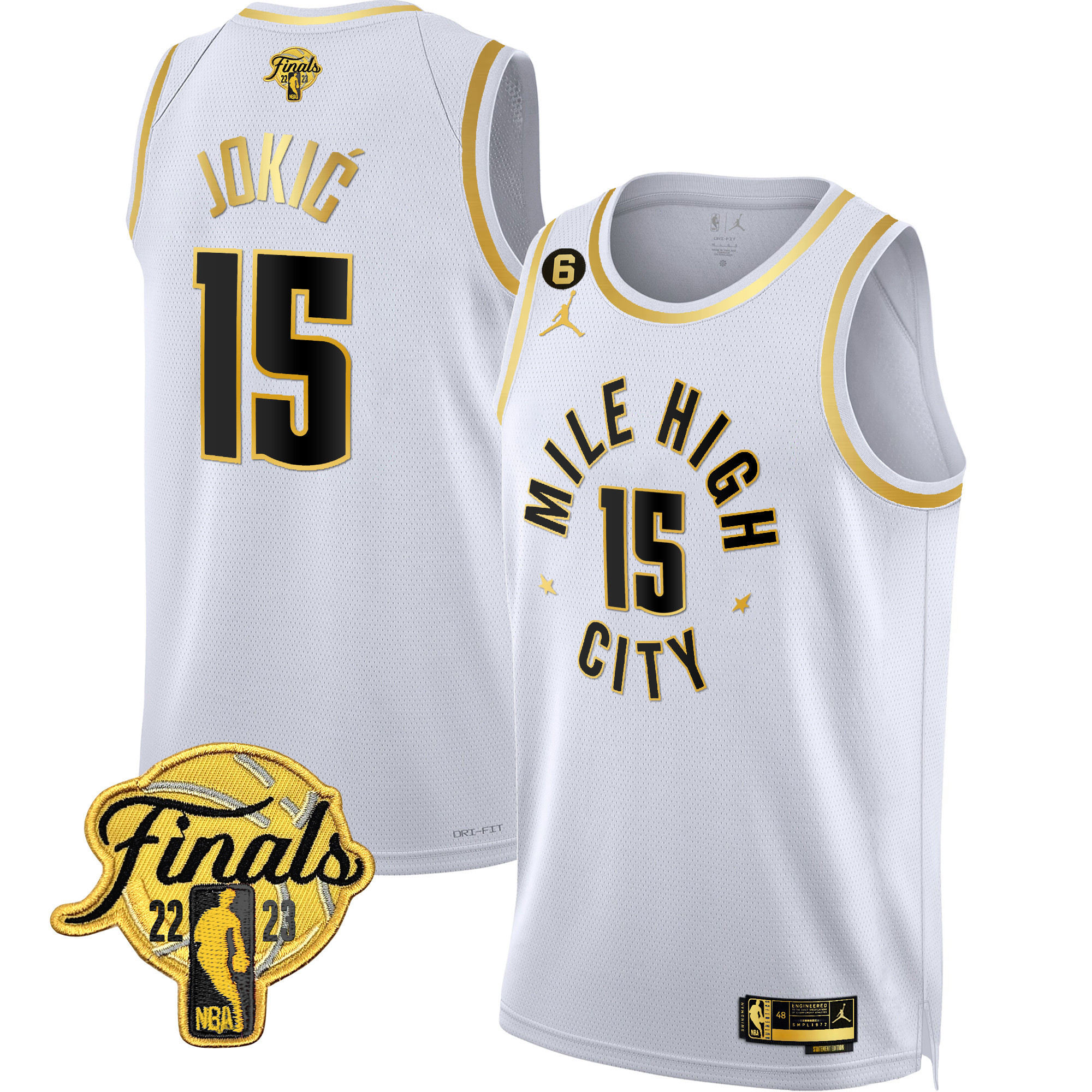 Nikola Jokic Men's Denver Nuggets 2023 Finals Patch Gold Statement White Jersey - All Stitched
